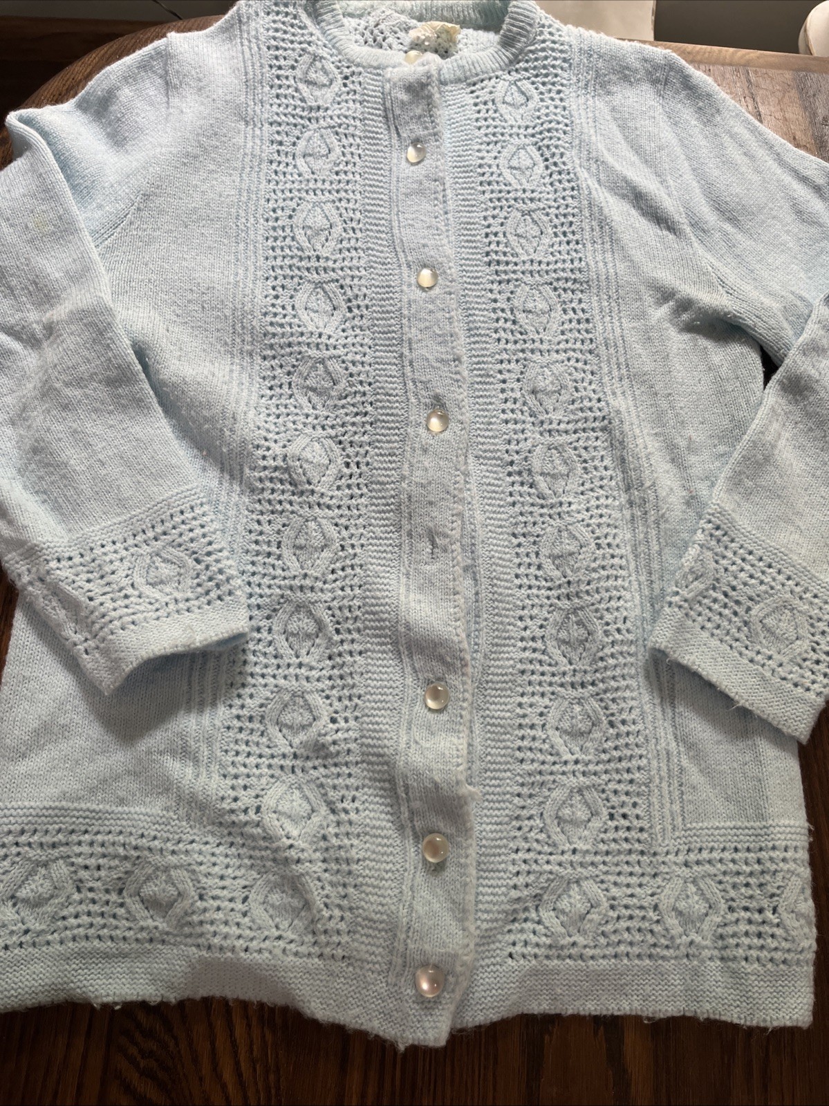 Vtg 60s Billie Jo Cardigan Pointelle Details Light Blue S/M? Grandma Chic