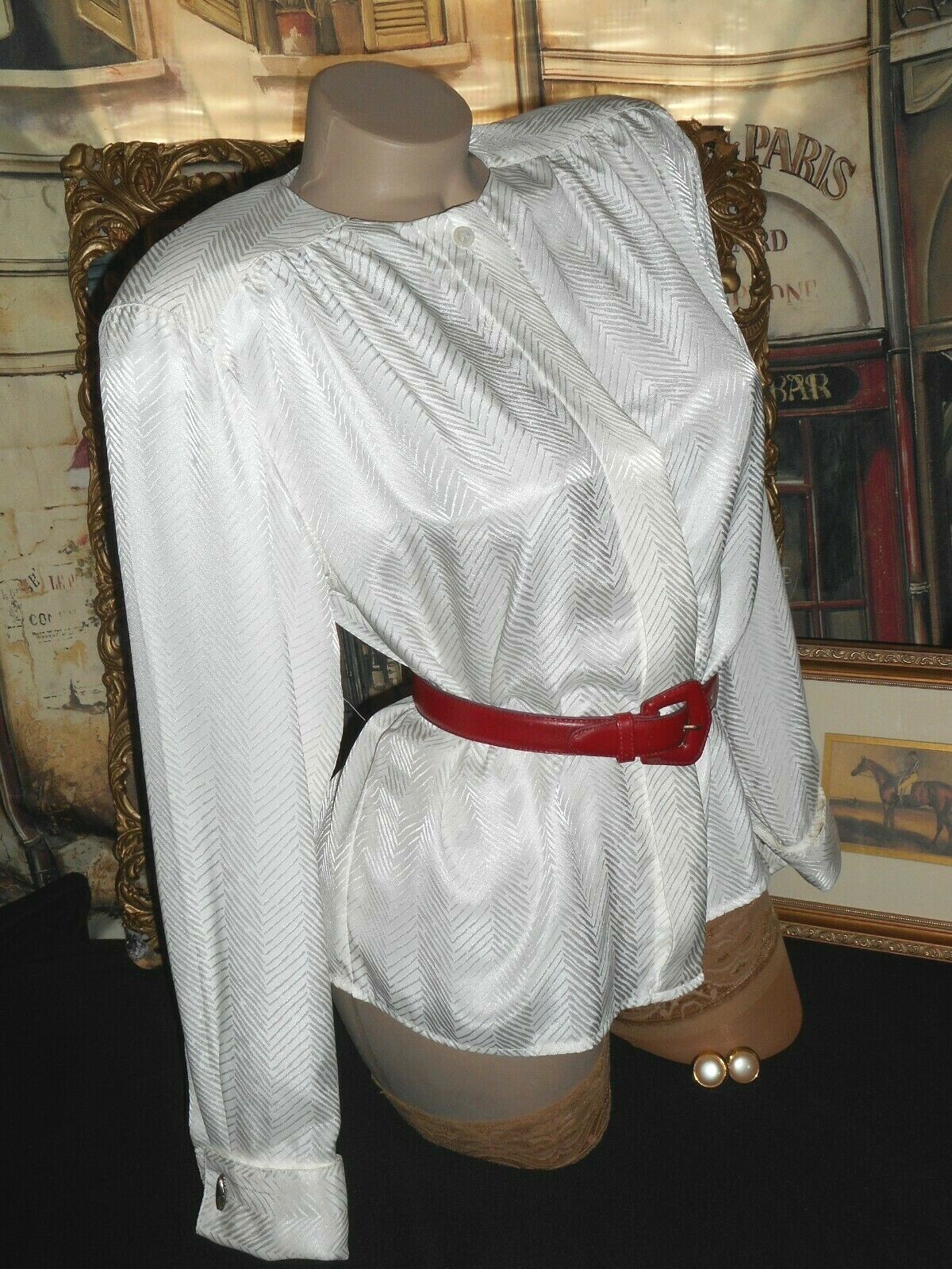 4 VinTage Satin Executive Blouse French Cuff Ivory White & Pearl Clip Earrings