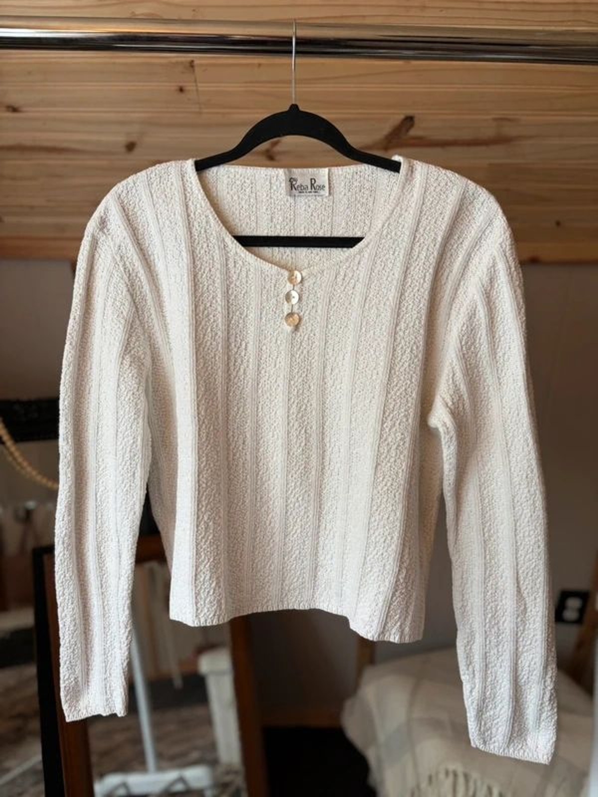 Reba Rose Cream Knit Textured Long-Sleeve Knitted Cottagecore Top Size S/M