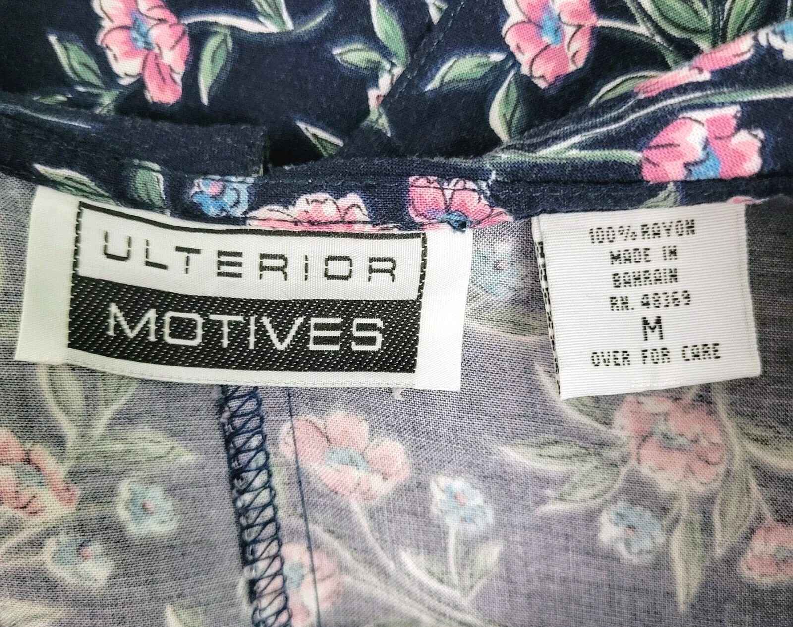 Vtg Ulterior Motives Navy Blue Floral Dress w Raised Waistline & Collar Size M