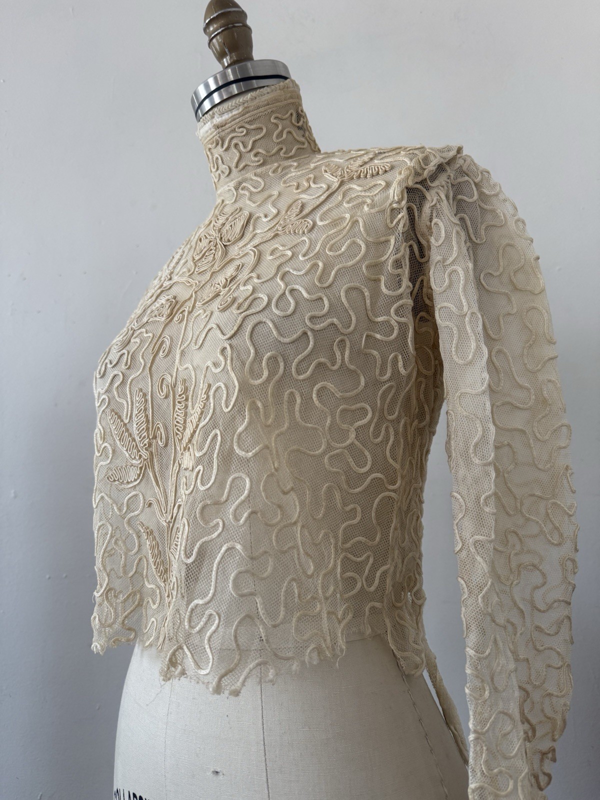 Antique Sheer Net Lace Blouse Top Cord Soutache Embroidery Art Nouveau Bridal XS