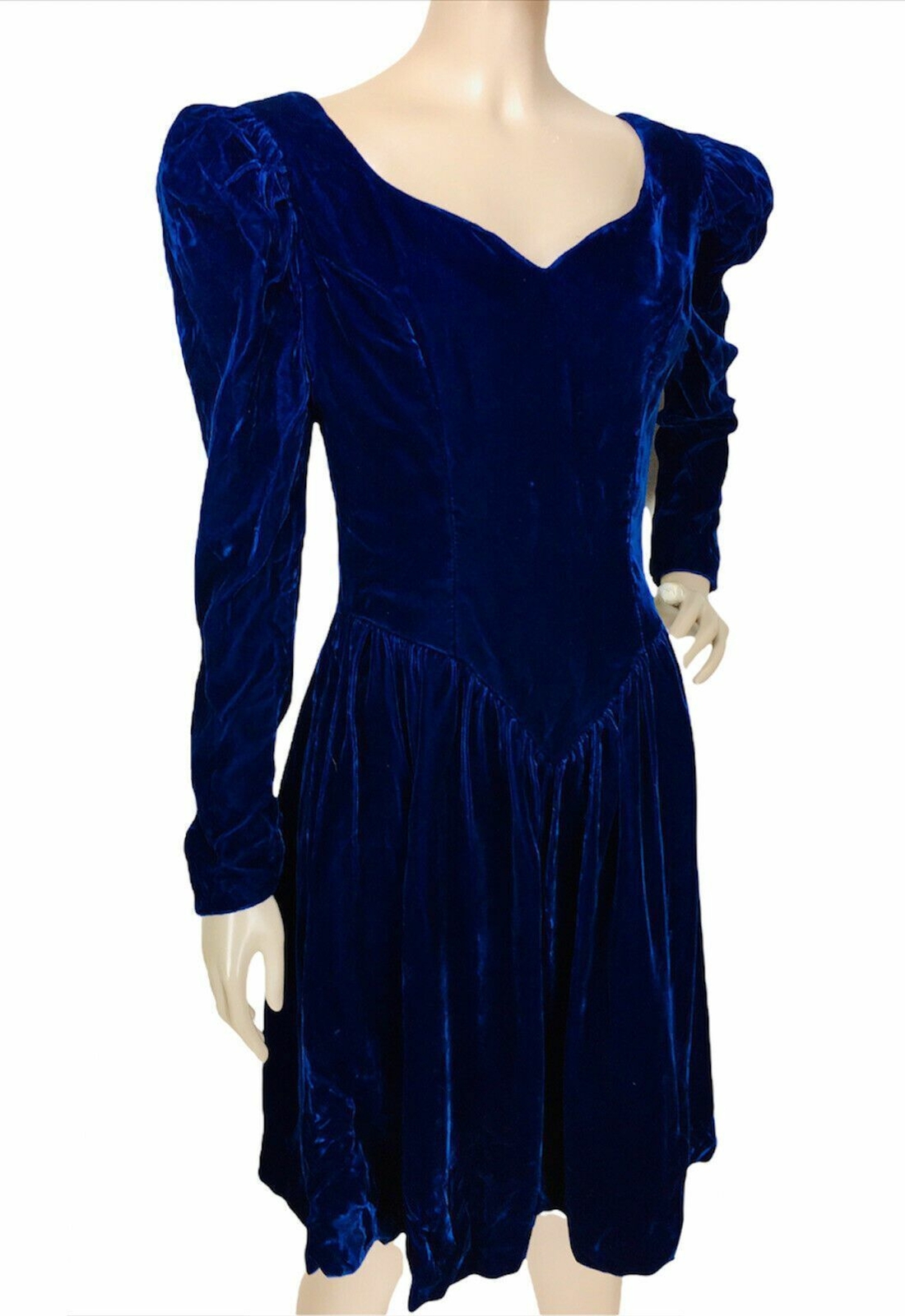 Vintage 70s Blue Jewel Tone Crushed Velvet Puff Sleeve Sheath Dress Medium