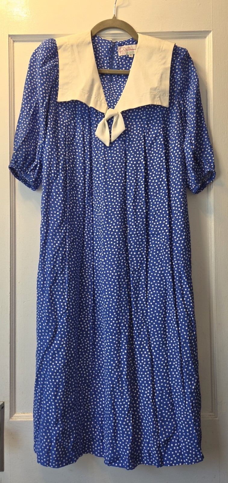 Vintage 80’s Jane Schaffhausen Belle France Blue And White Polka Dot Dress. 8