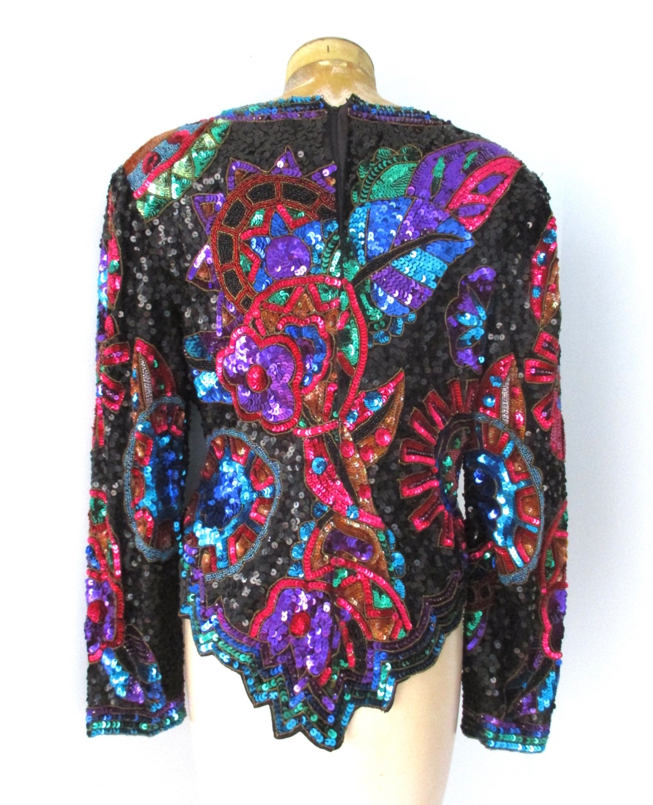 Vtg 80s Laurence Kazar full sequin rainbow evening peplum top big shoulders XL