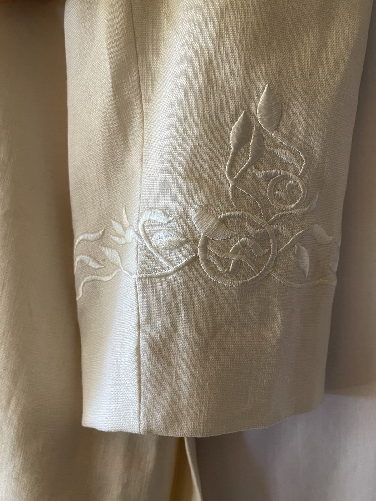 Vintage VALERIE STEVENS Pure Linen, 12, Cream Long Blazer Mandarin Collar NWT