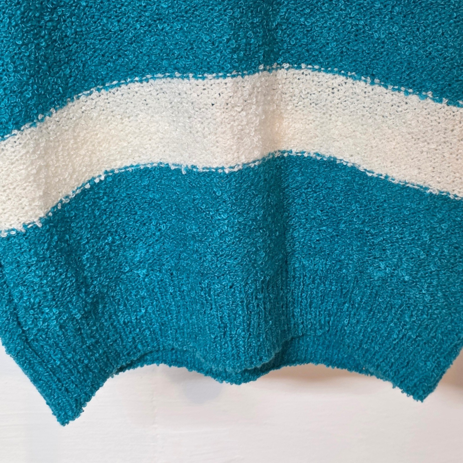 Vintage Career Club Teal White Striped Boucle Short Sleeve Sweater L78362