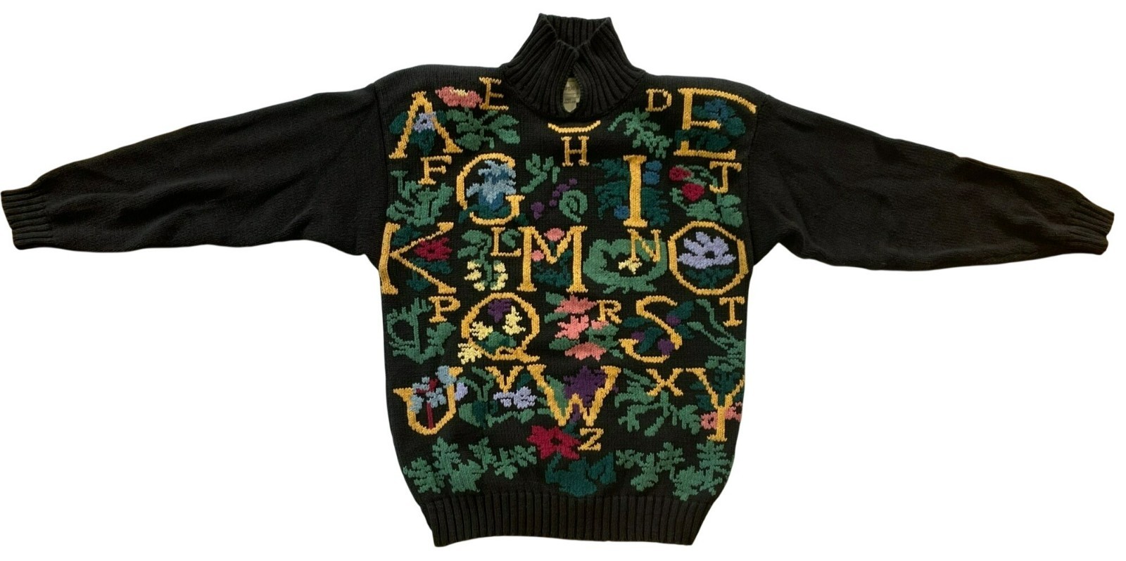 Vintage Sweater Eagle’s Eye Cottagecore Grannycore Alphabet Black Y2K 80’s LARGE