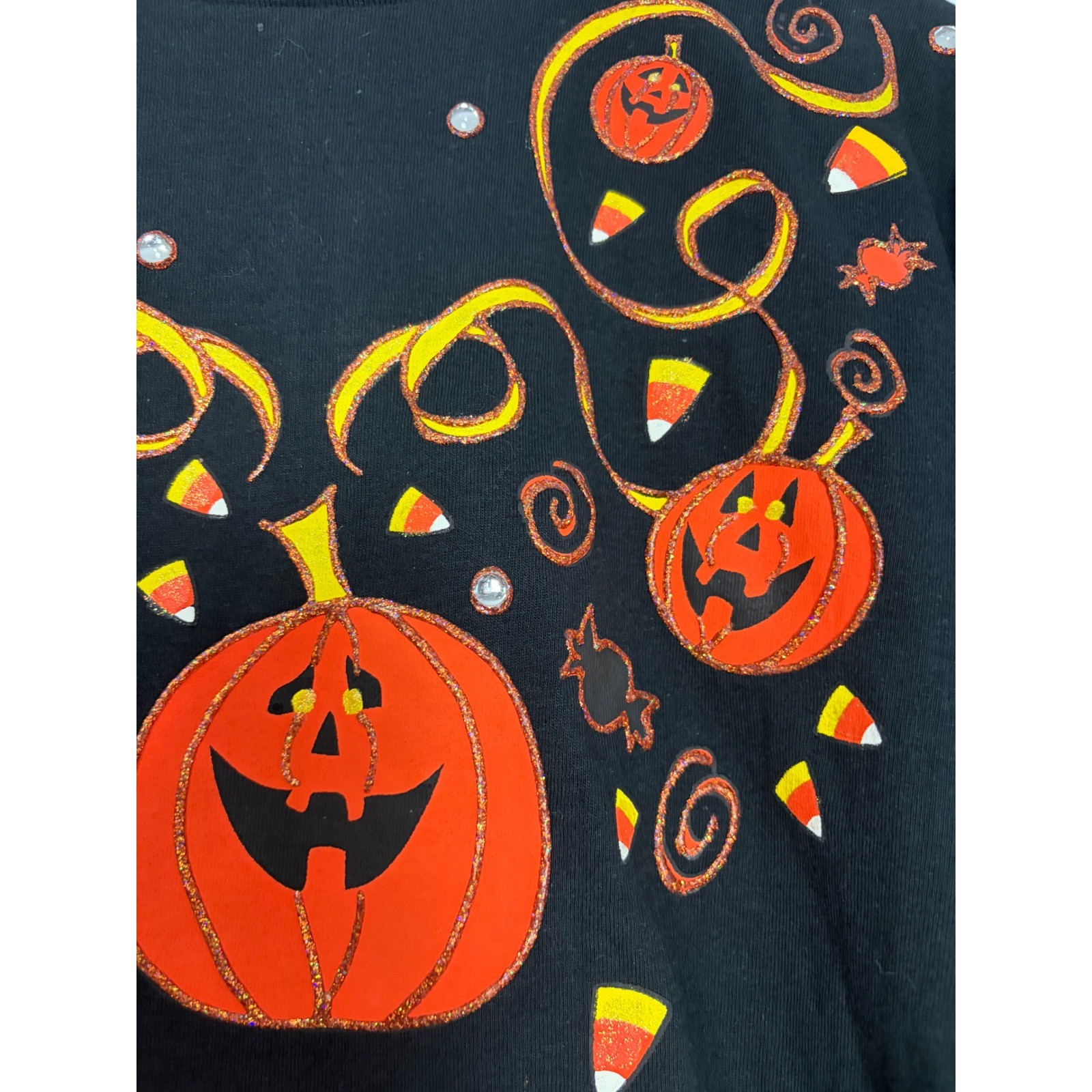 Vintage 90s Era Puffy Paint Halloween Pumpkin Candy Corn T-Shirt Black Large