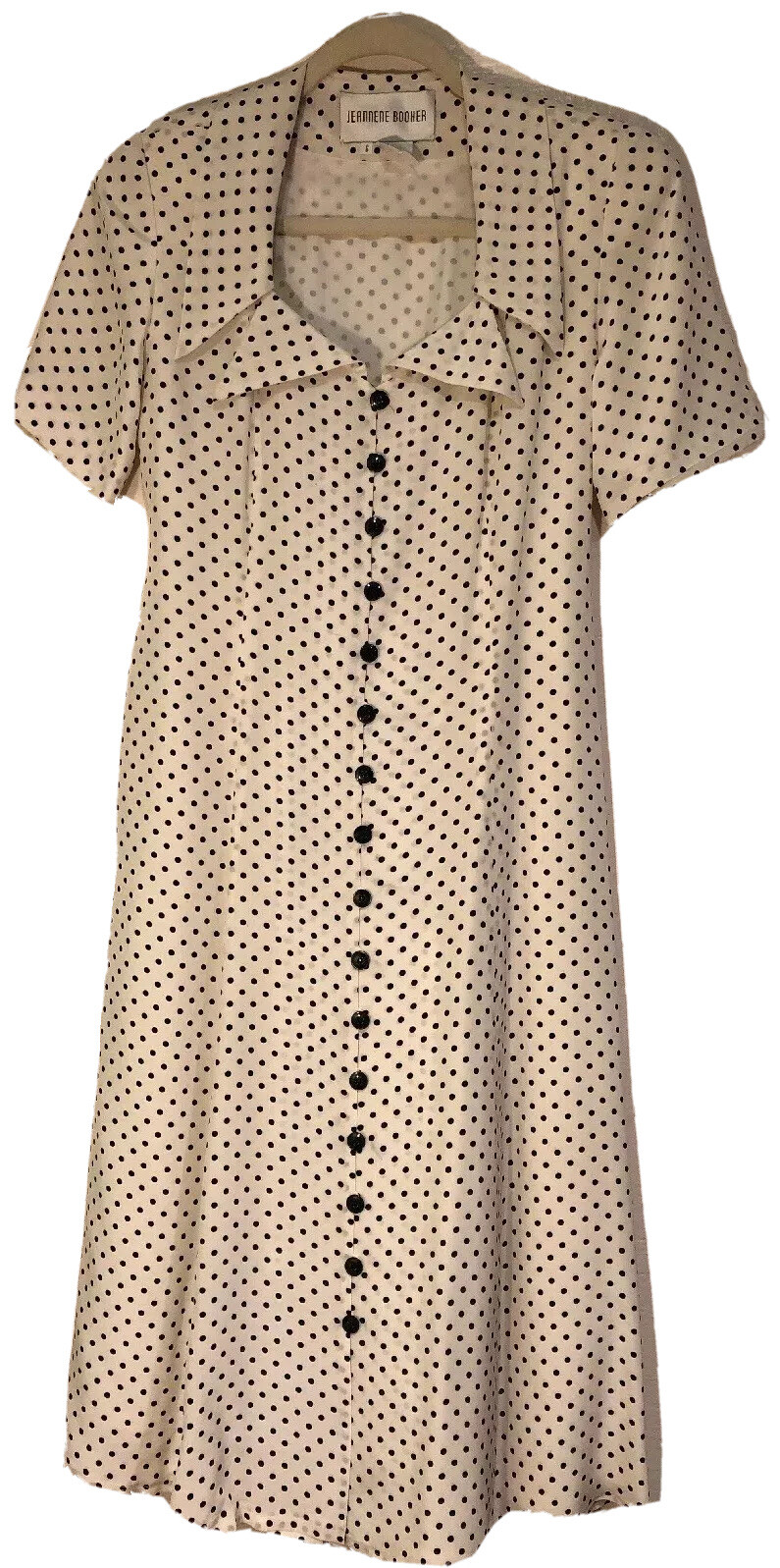 Vintage Jeannene Booher White Polka Dot Silk Dress Sz6 Short Sleeve Front Button