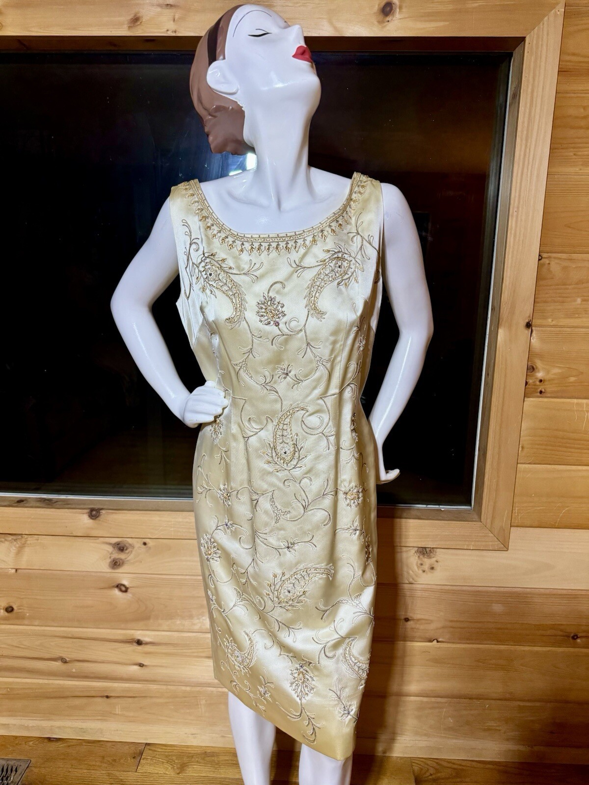 1950’s, 1960’s BEADED EVENING Dress Vintage, Champagne Satin, Gold Beading.!