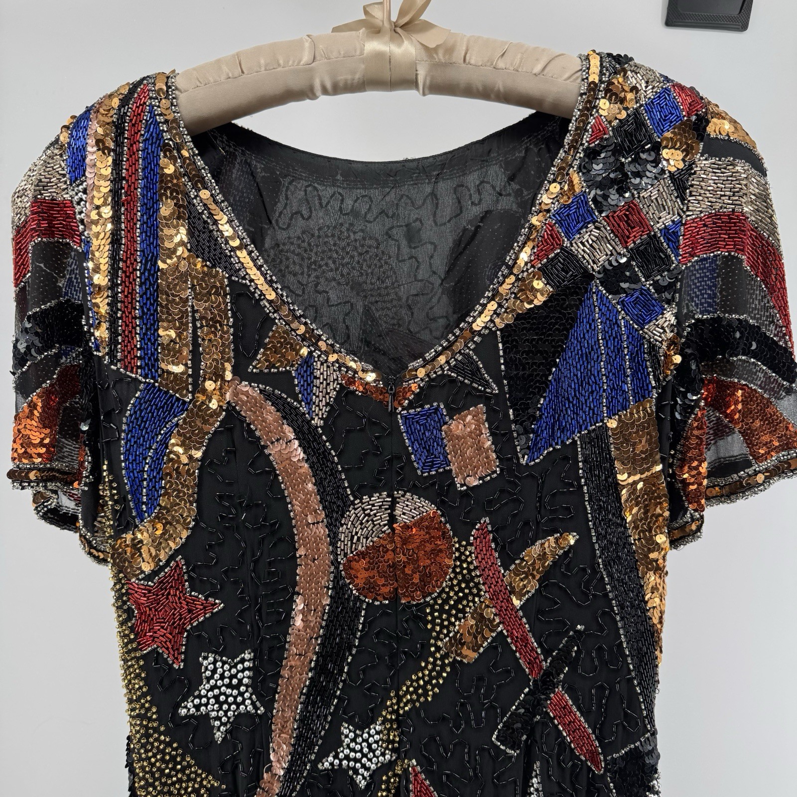 Night Line Laurence Kazar Beaded Sequin Dress 12 VTG 80’s Silk Celestial Art