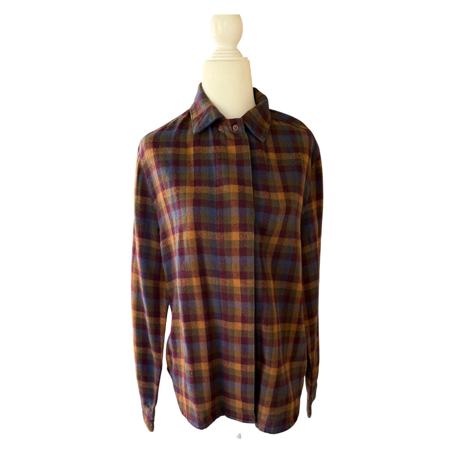 Vintage Calvin Klein Plaid Wool Blend Button Front Shirt Burgundy Gold Blue 8