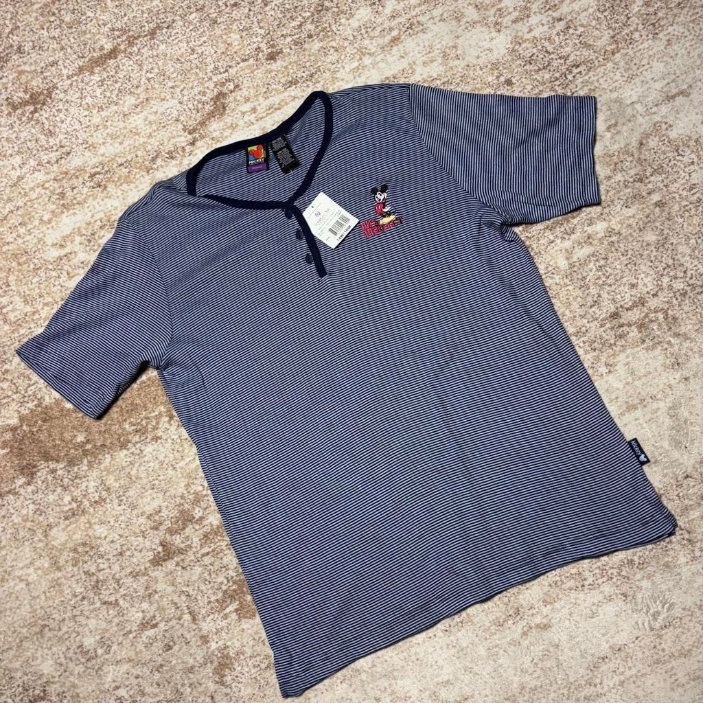 Vintage 1990s Mickey Unlimited Striped Embroidered Mickey Mouse Henley T-Shirt W