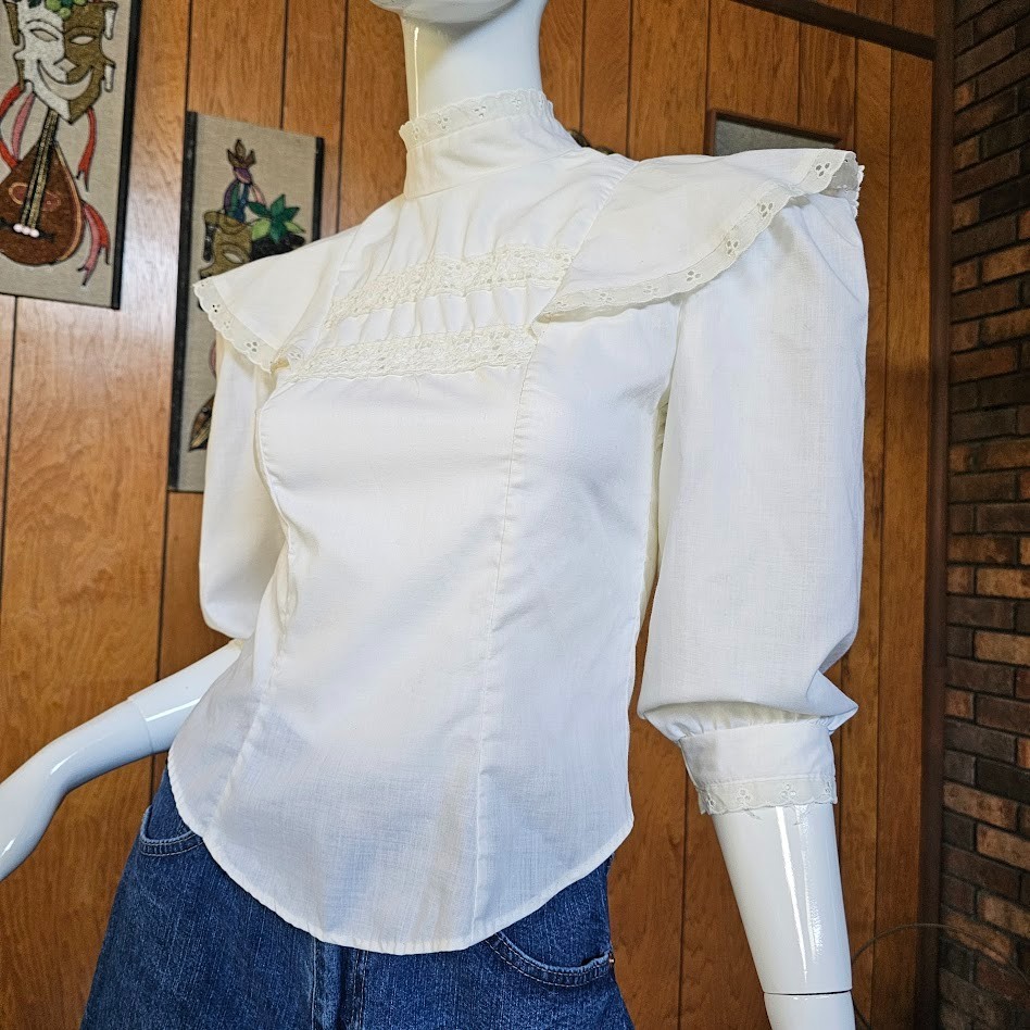 Vtg 80s Victorian Revival Balloon Sleeves Prairie Fitted Lace Blouse Top XS/S
