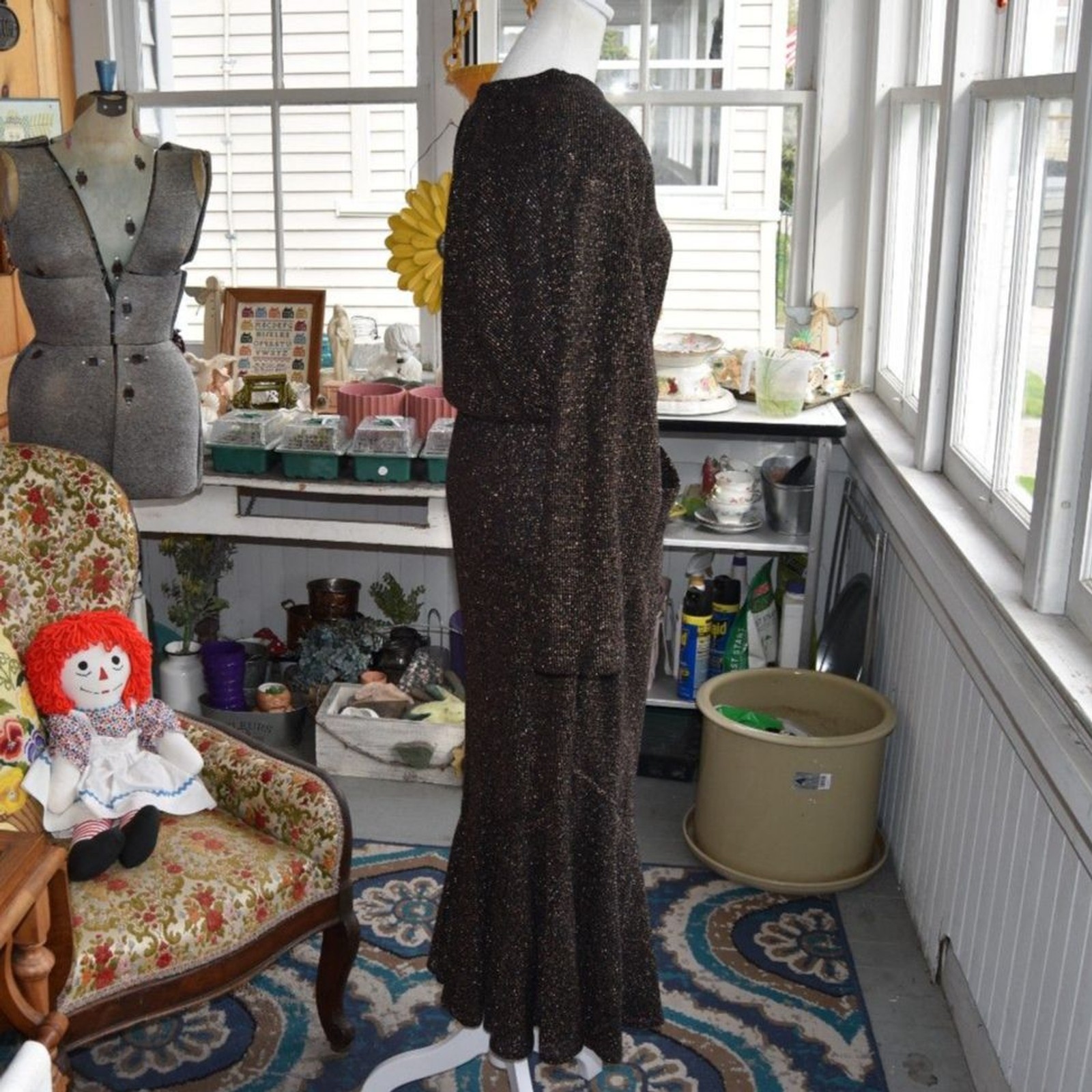 Vintage Choon California Metallic Lurex Disco Dress 70s 80s Black Bronze M/L