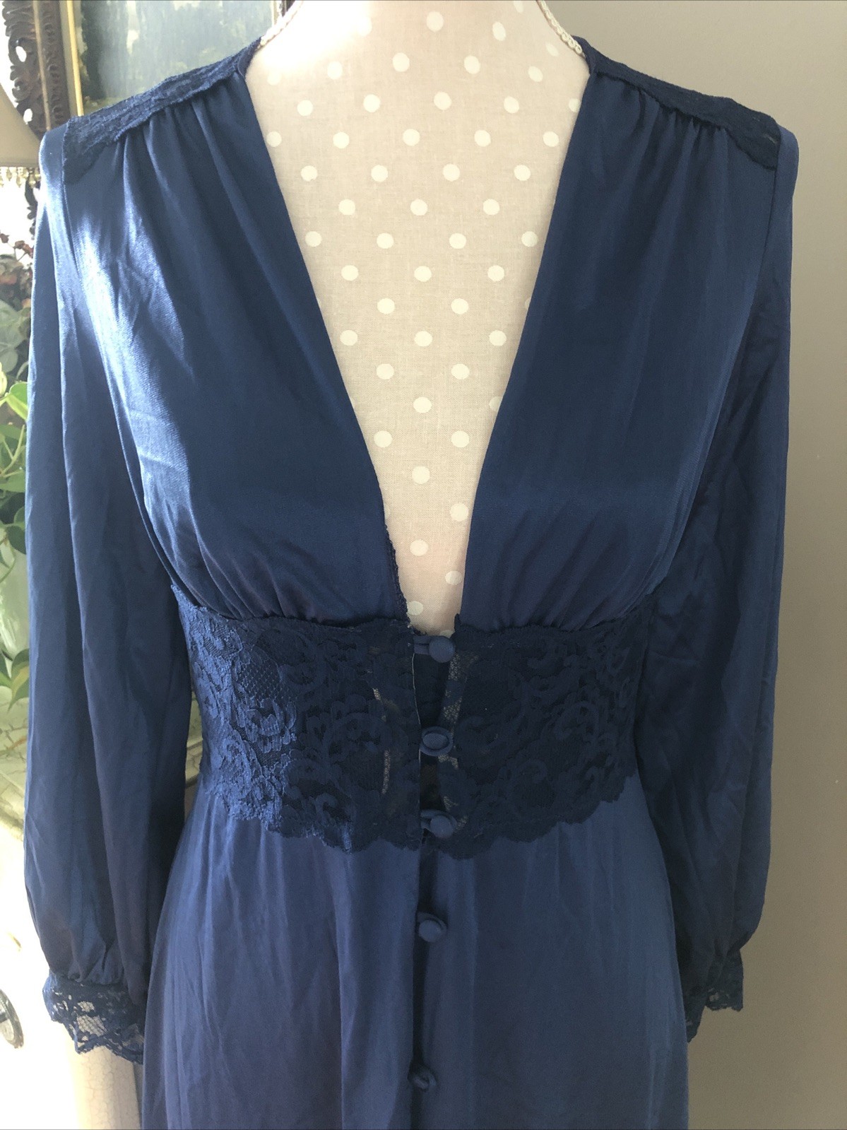 Vtg Maidenform Dreamwear Olga Like Peignoir Nightgown Robe Set Navy Blue Women L
