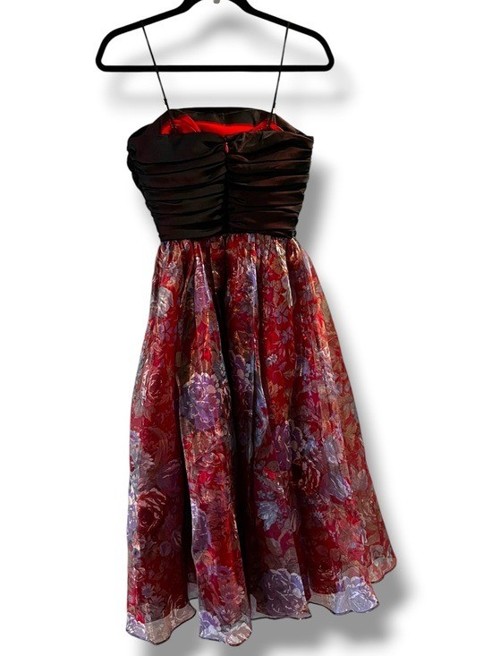 Vintage Merve-Facette Cocktail Dress XS Prom Evening Wedding Red Floral Black