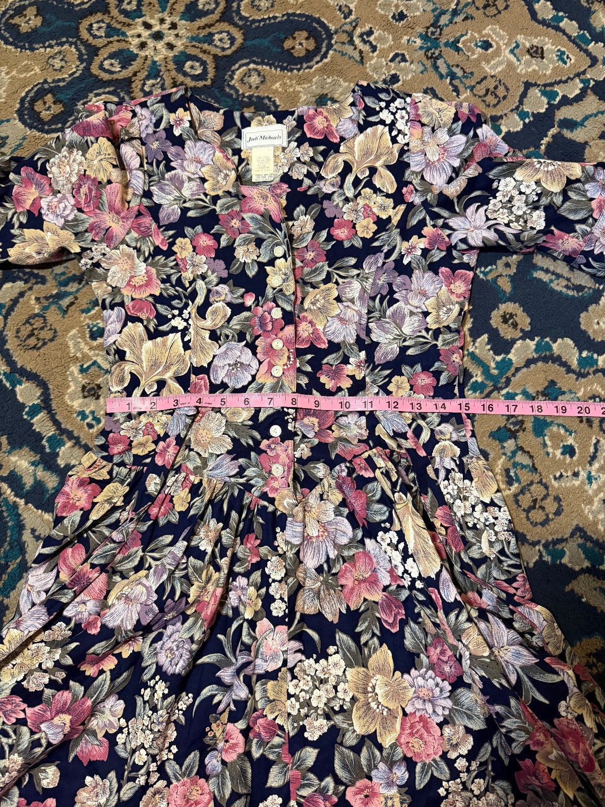 Vintage 80s-90s Jodi Michaels navy floral basque waist dress US7