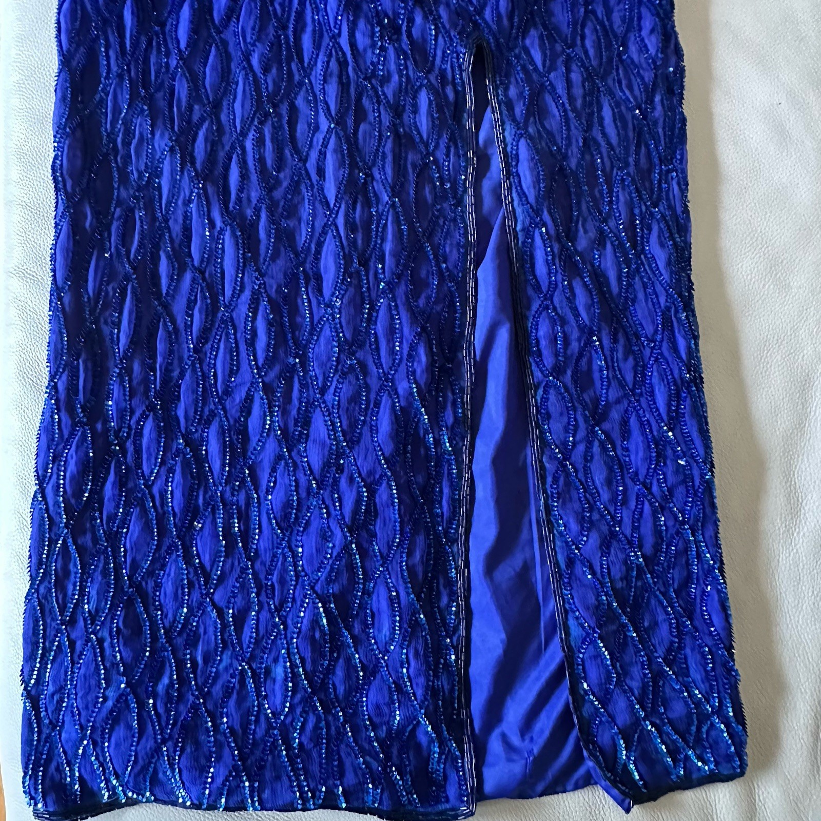 Vintage LAURENCE KAZAR Royal Blue BEADED Sequin Silk HALTER GOWN Long Formal M
