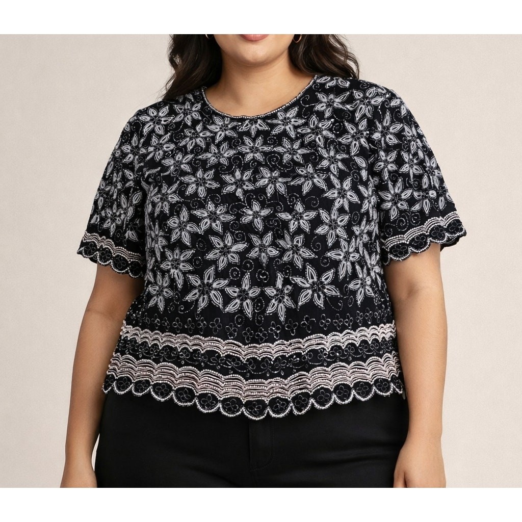 Papell Boutique Evening Top Size XL Black Beaded Silk Floral Scallop Hem Vtg
