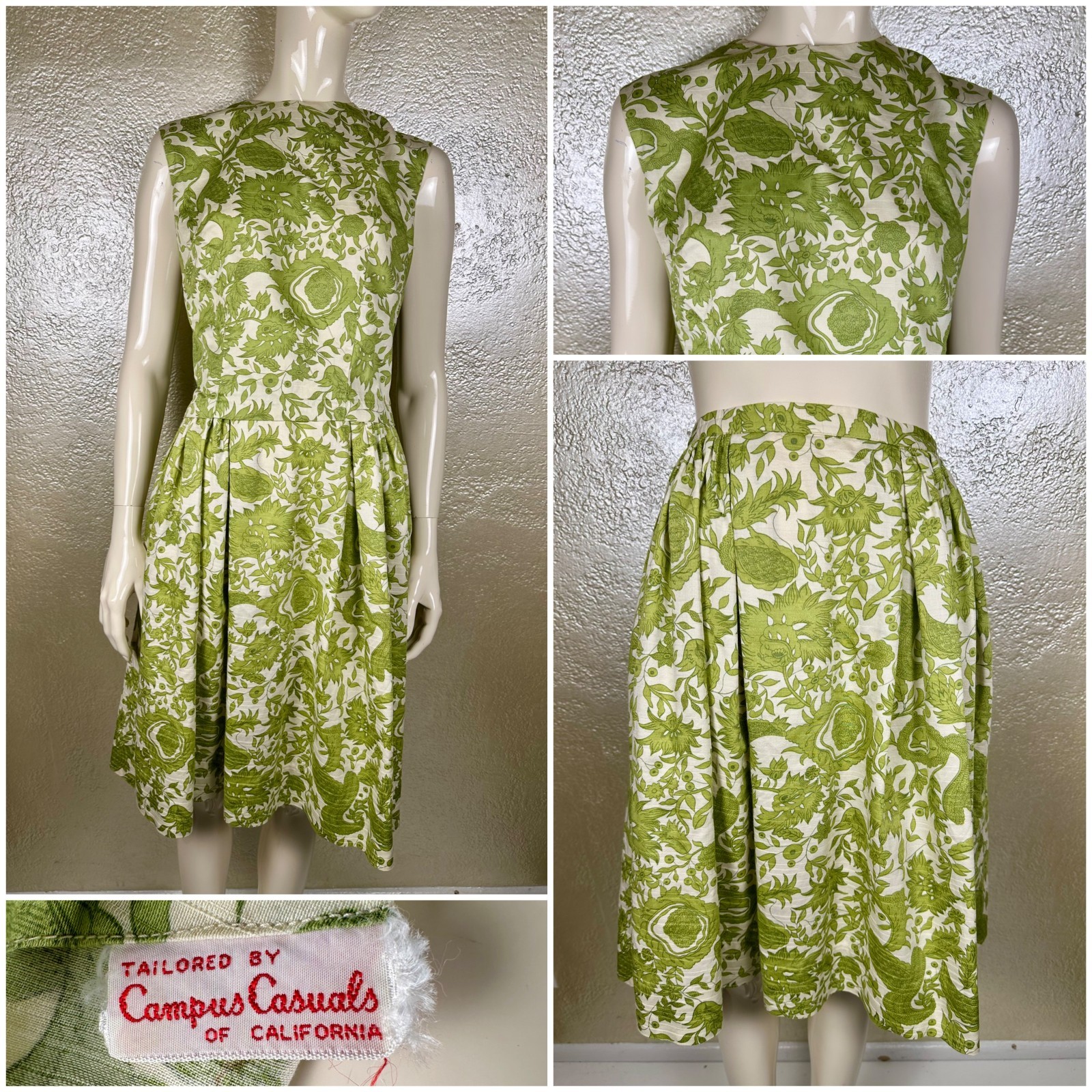 Vintage 1950’s Ladies CAMPUS CASUALS Green Floral Cotton Two Piece Top Skirt Set