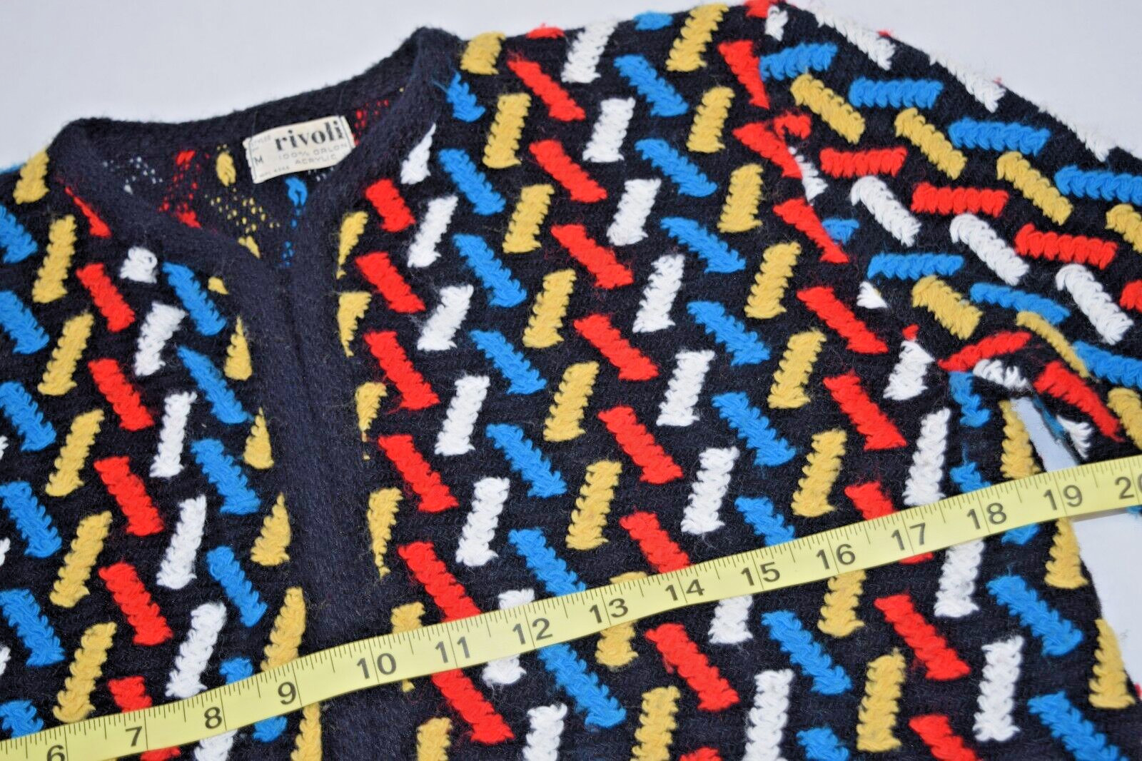 Vintage Knit Sweater Size S/M 60s Rivoli Black Red Blue Yellow White Diagonald