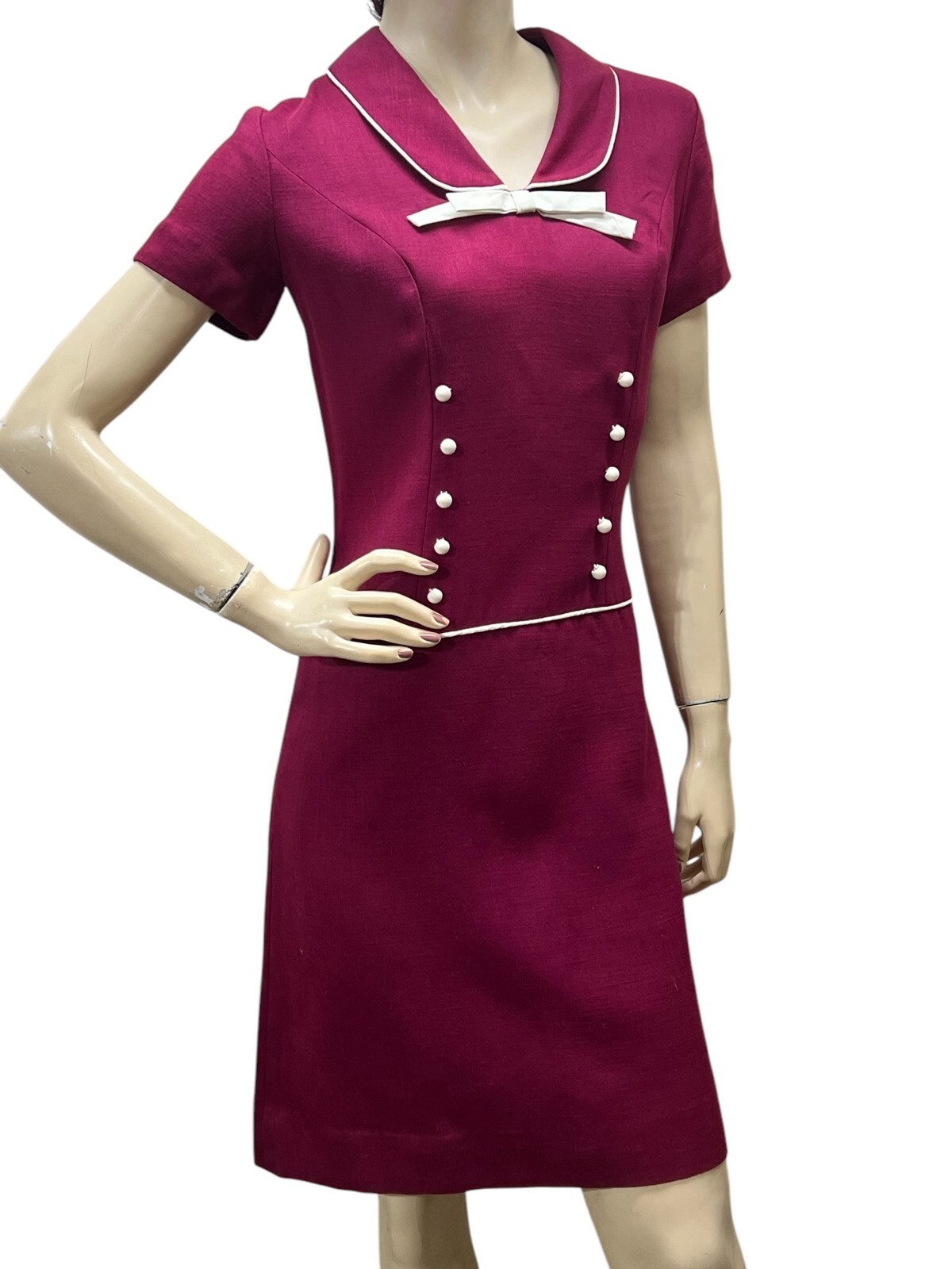 Vtg 50s Sz S~M Wine Dress Linen Weave Drop Waist Sheath Sherbet Originals Inc