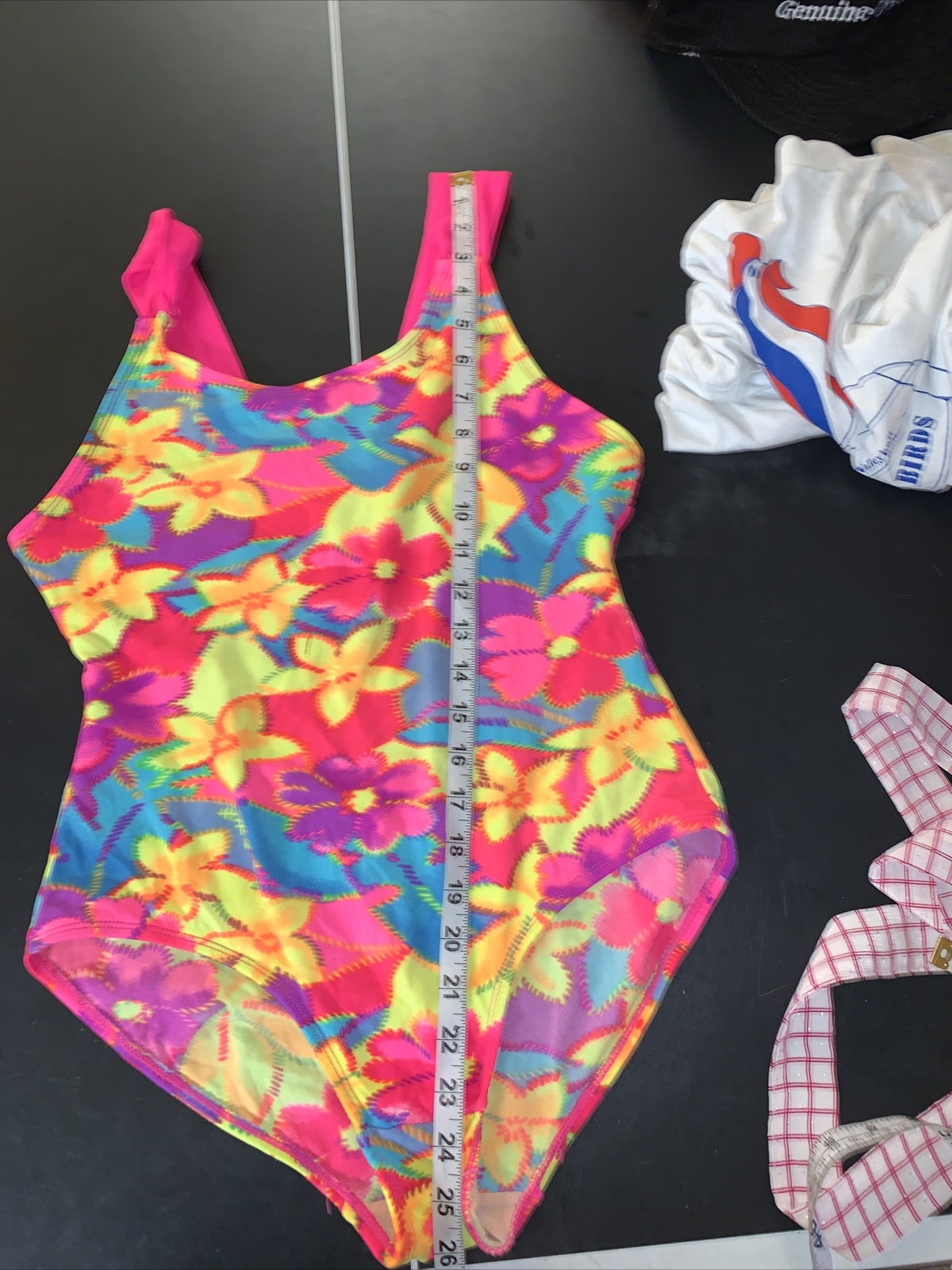 Vintage 80s Action Max floral neon aerobic workout leotard Girls 16