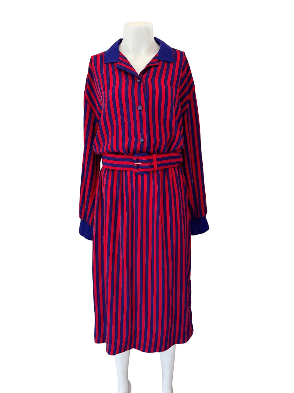 FT Ltd Vintage 70’s dress plum purple red striped with belt collared long sleeve