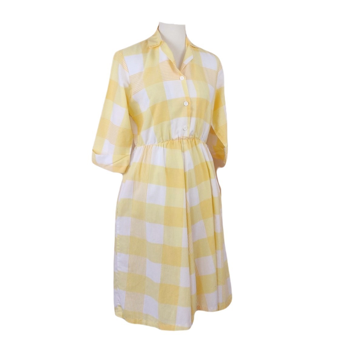 VTG Blair Shirt Dress S/M Yellow White Plaid A Line Button Front 3/4 Sleeve