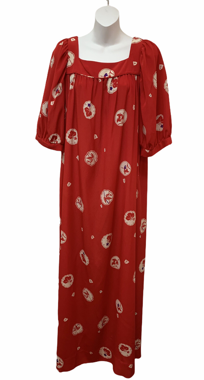 Malama Sophisticates Made in Hawaii Red Vintage Puff Sleeve Midi Shift Dress
