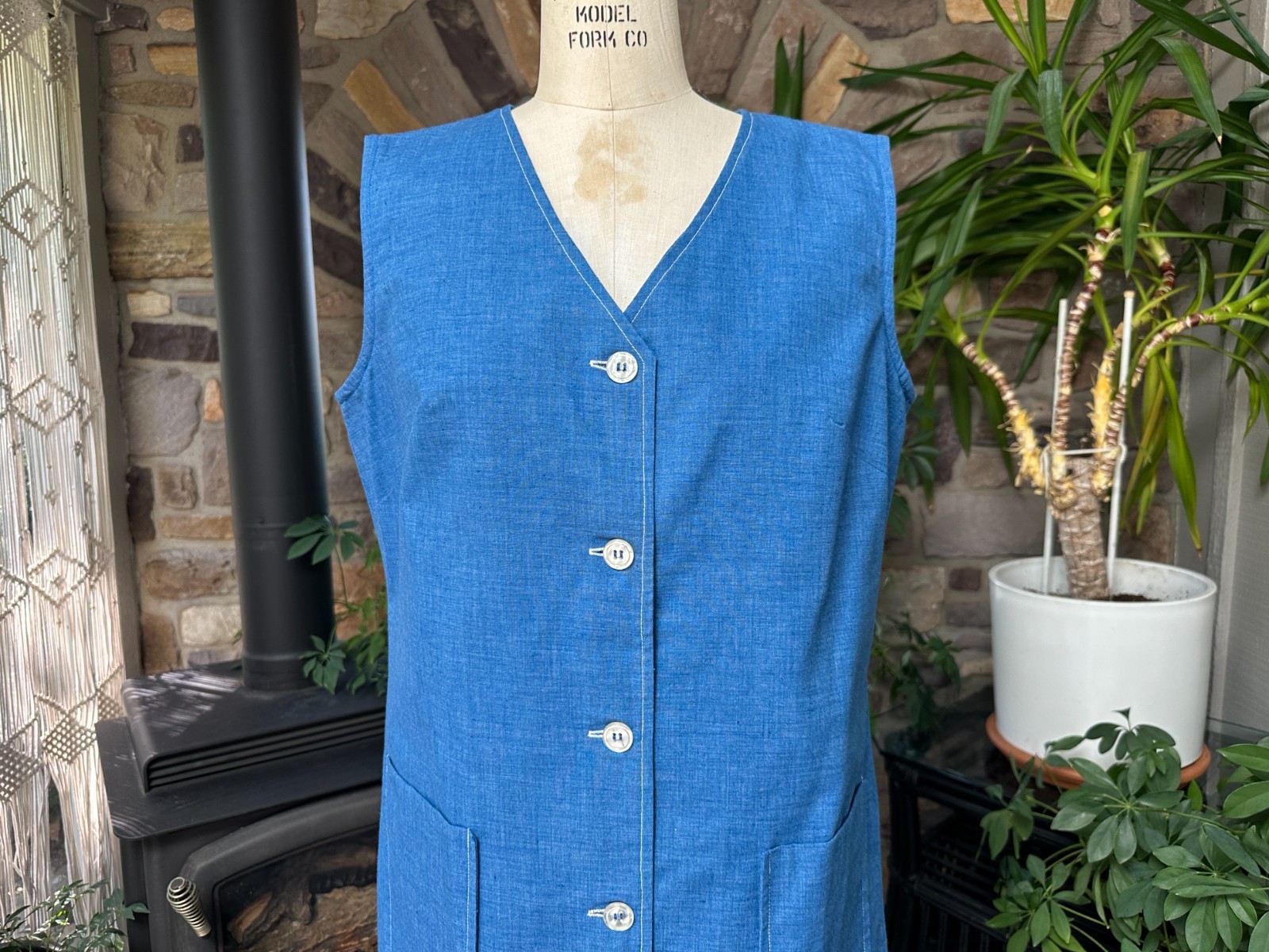 Vintage 1960s Blue Button Front Casual Dress with Pockets Johnny Appleseed’s