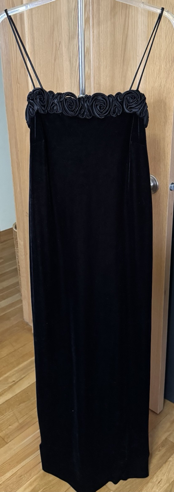 Night Way Vtg Black Velvet Maxi Dress Size 14 Romantic Rose Goth Evening Gown