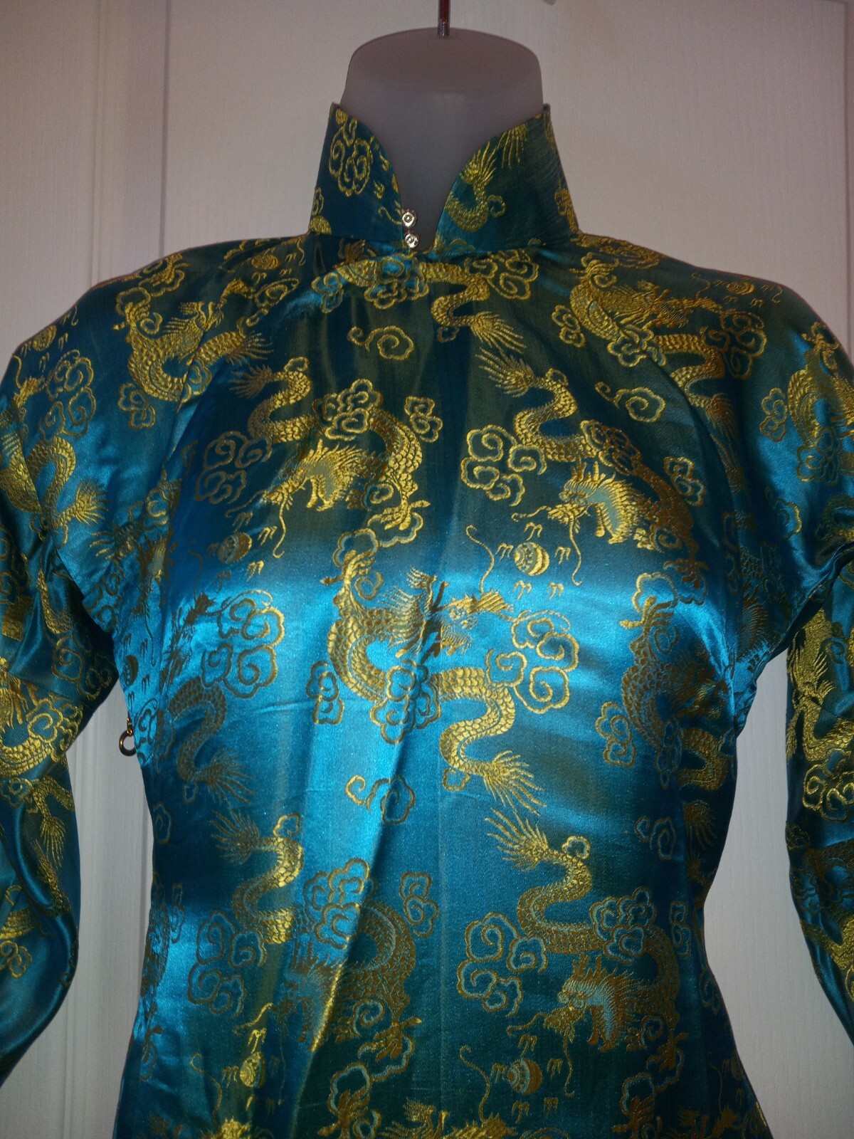 Vintage 60s Cheongsam Silk Turquoise Gold Oriental Dragon Wiggle Dress S Tiki O