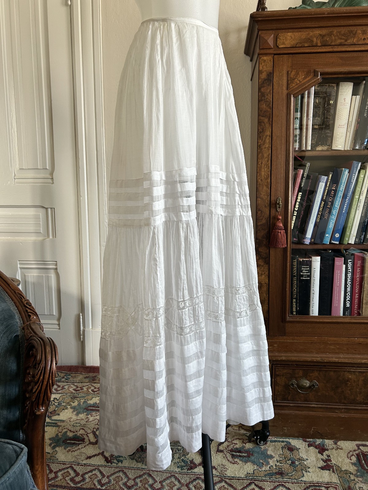 Antique Victorian Edwardian Cotton Lawn Skirt Sheer White Lace Petticoat VTG SM