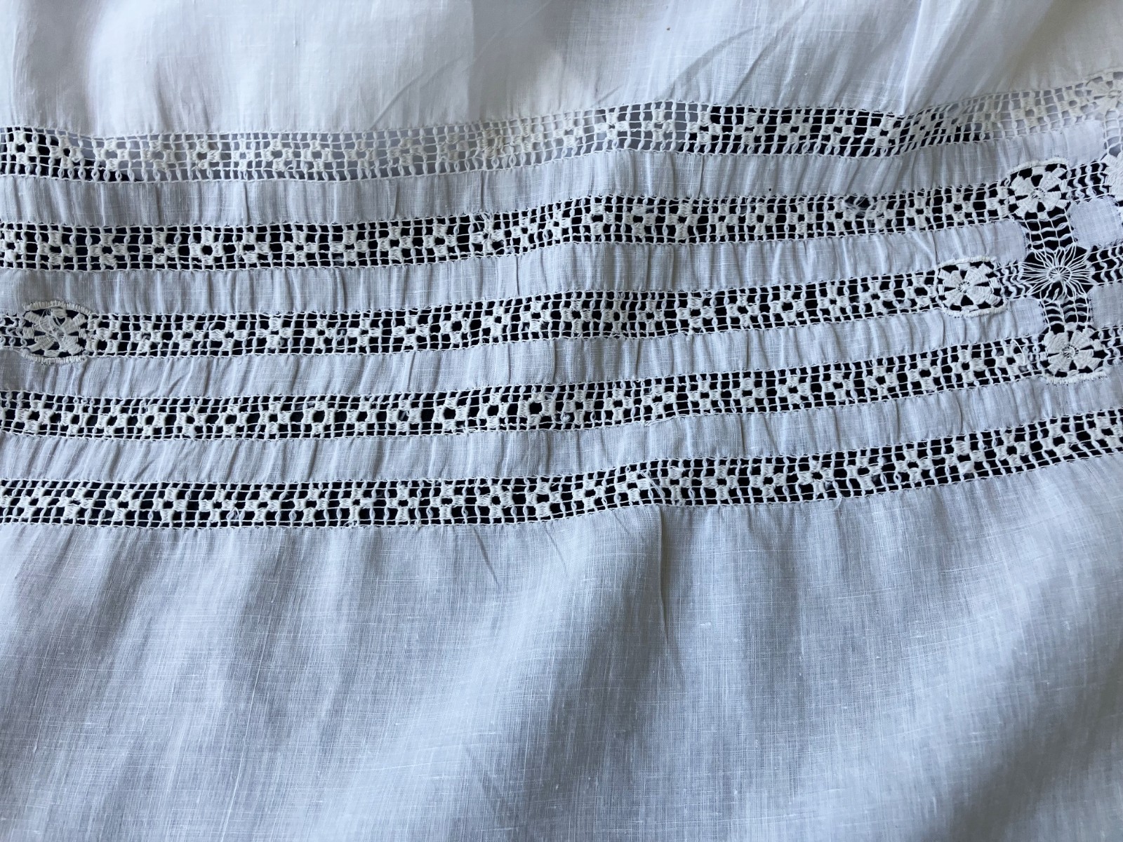 Antique Edwardian French White Linen Skirt w/Lacy Drawn Work & Pin Tucks S/M