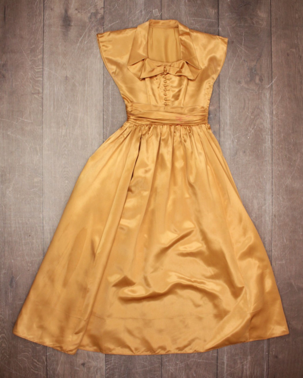 Vtg Women’s 40s Yellow Gold Formal Satin Gown Sz XS/S 1940s Party Prom Dress