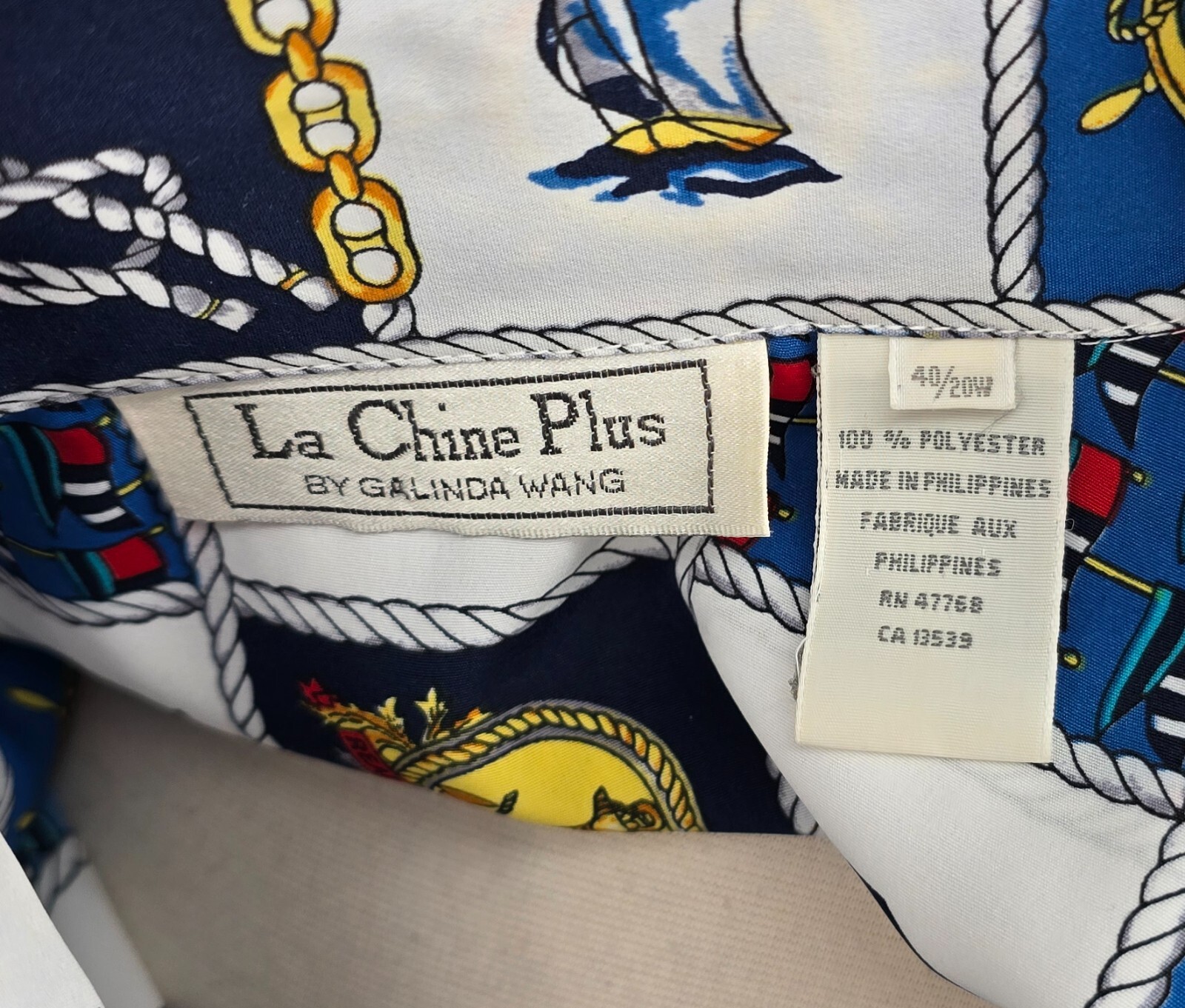 Vtg La Chine Plus by Galinda Wang Blouse Sz 20W Nautical Blouse Short Sleeve