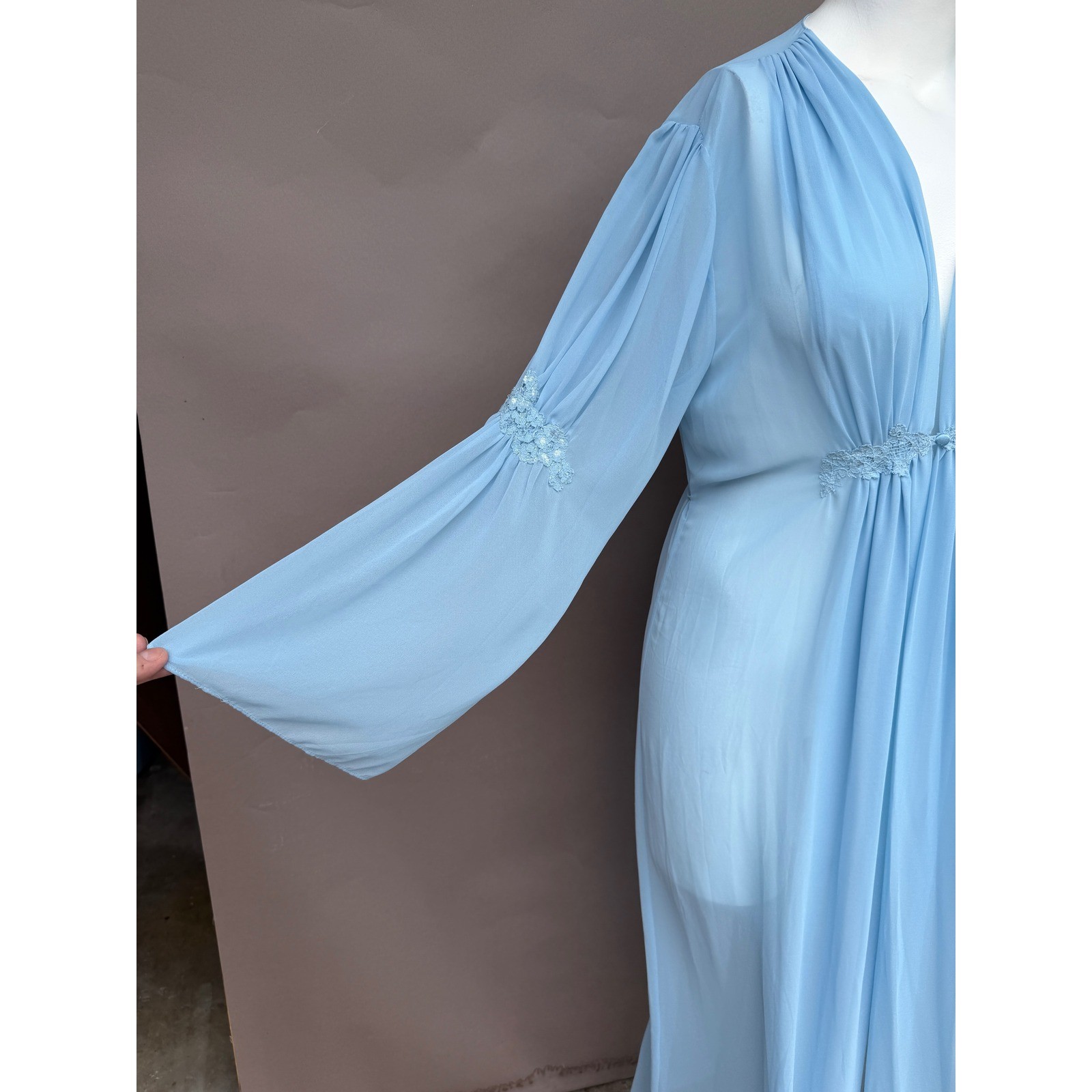 Vintage Blue Sheer Chiffon Maxi Robe Lace Bell Sleeve Button Hollywood Large