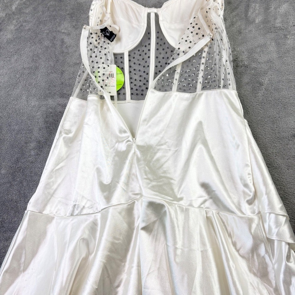 Windsor L White Rhinestone Mesh Corset Satin Tiered Ruffle Mini Dress Party NWT