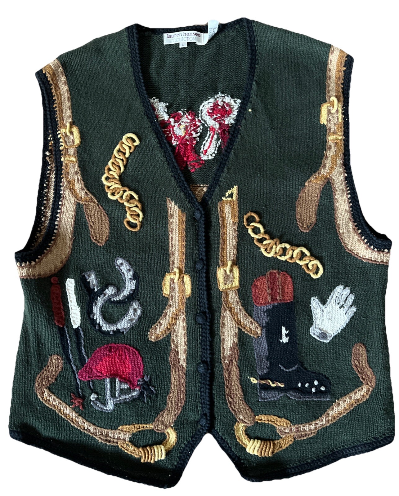 Vintage 80s Lauren Hansen Equestrian Sweater Vest Classic Preppy Old Money