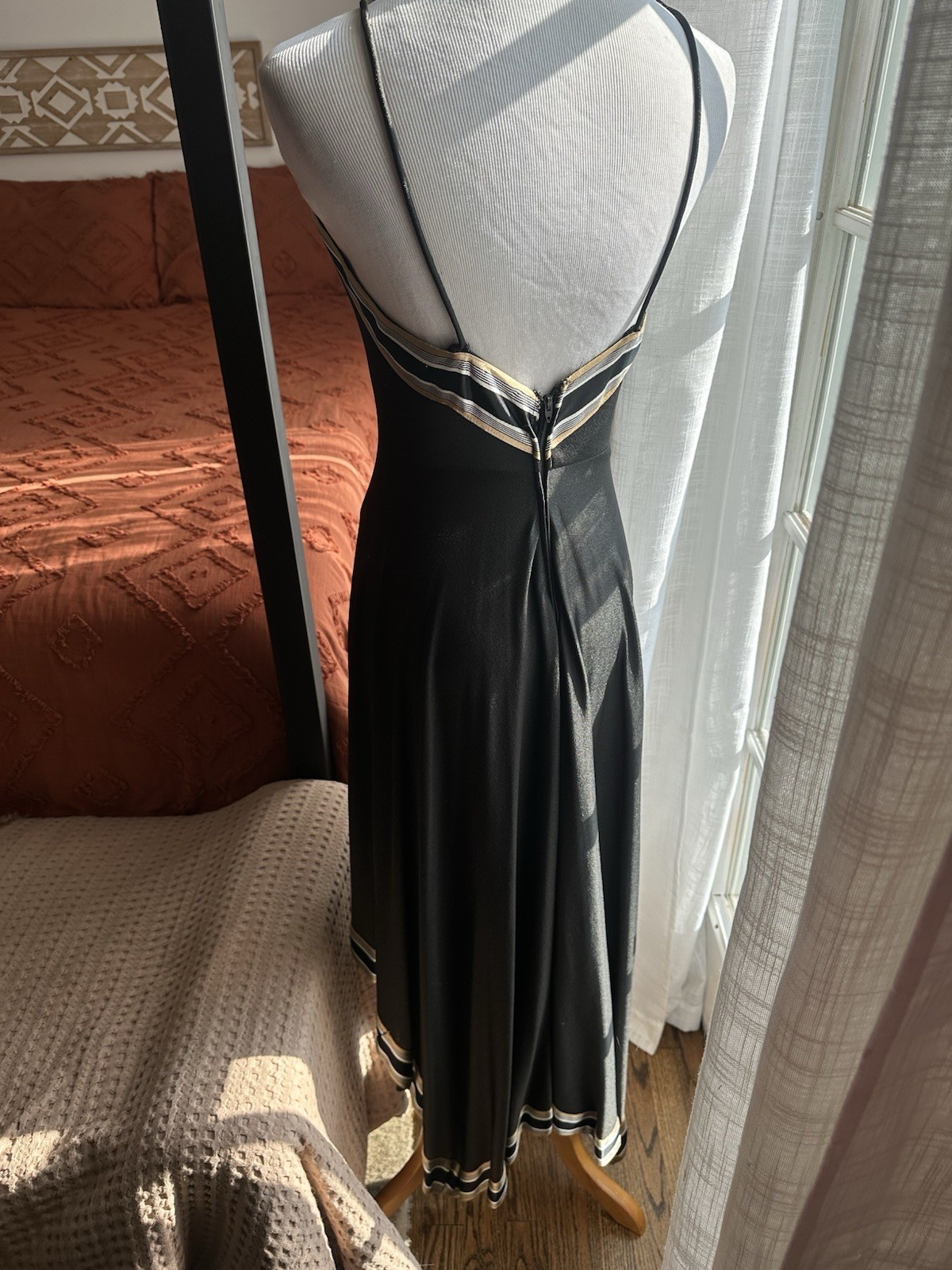 Vintage 70’s Black Nylon Handkerchief Dress Contrasting Trim Size Small