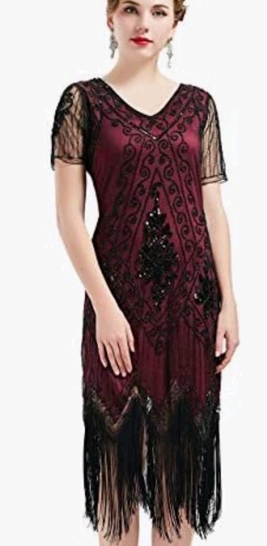 BABEYOND 1920s Art Deco Fringed Sequin Dress Roaring 20s Flapper Fancy Dress XL