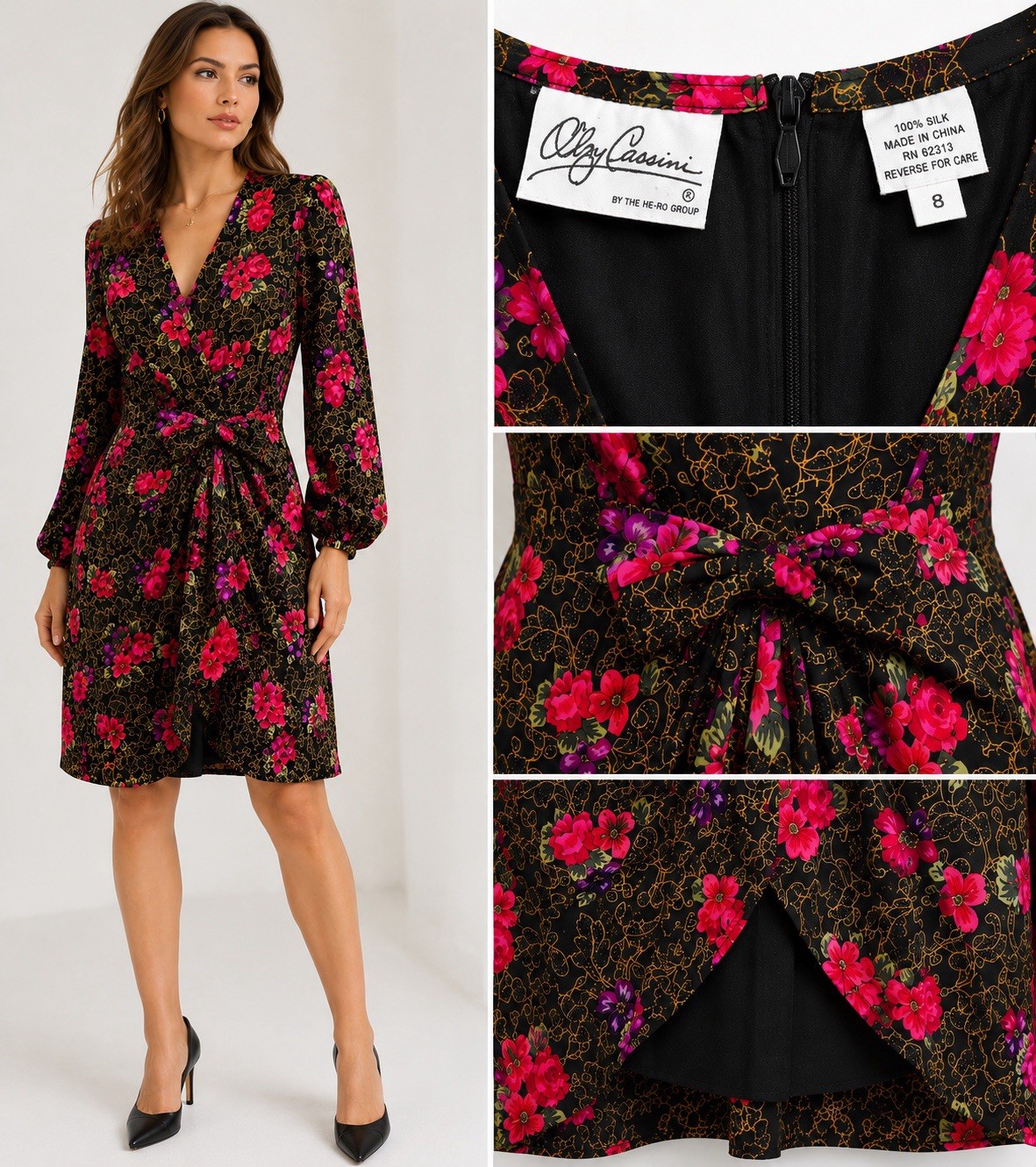 VTG Oleg Cassini 100% Silk Floral Dress Womens 8 Shoulder Pads Lined Bow Waist