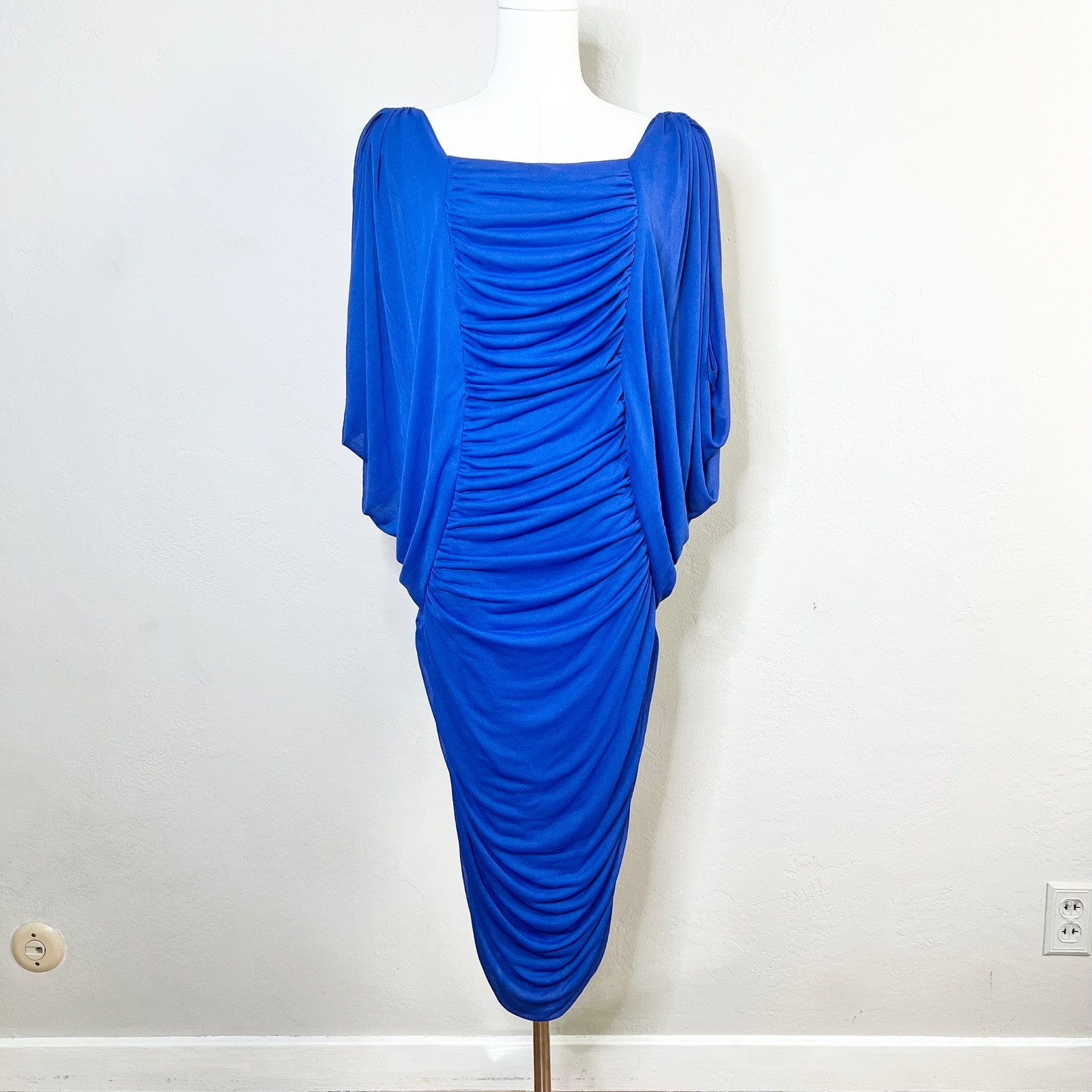 Vintage Nancy Bracoloni ViJack Dress Ruched Midi Size 7-8 Blue Batwing Drape 80s