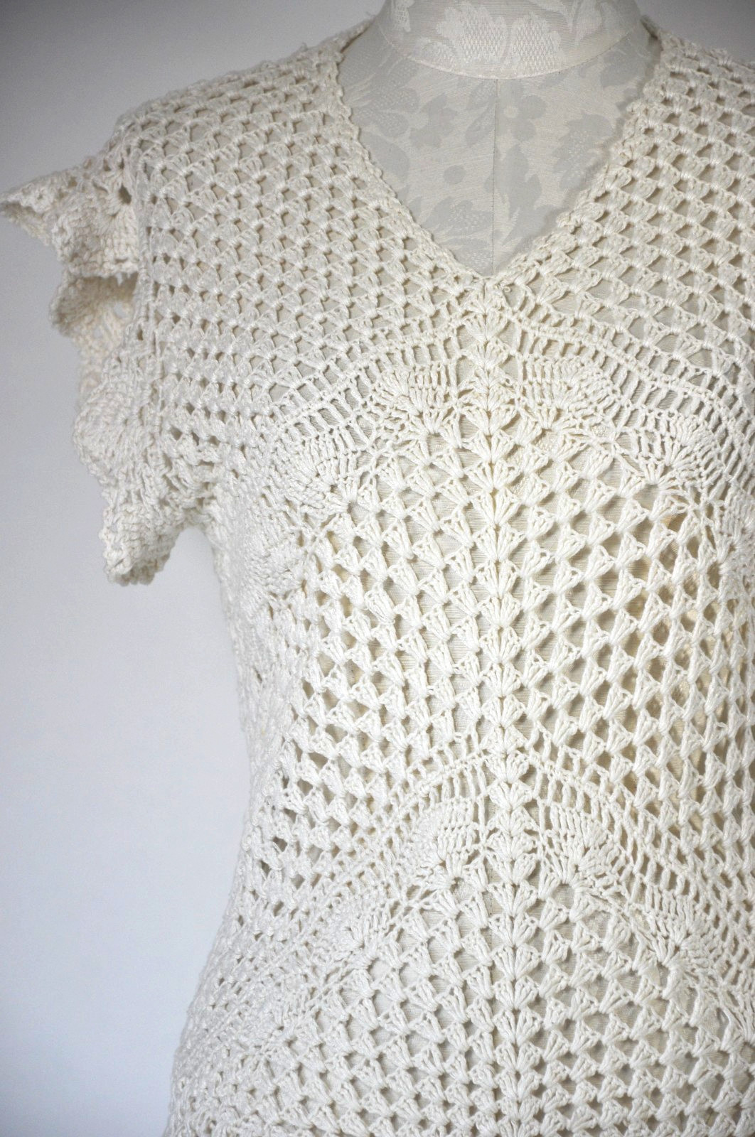 70s Cream Crochet Bohemian Knit Tank Top Sleeveless Pullover Sweater Women S M