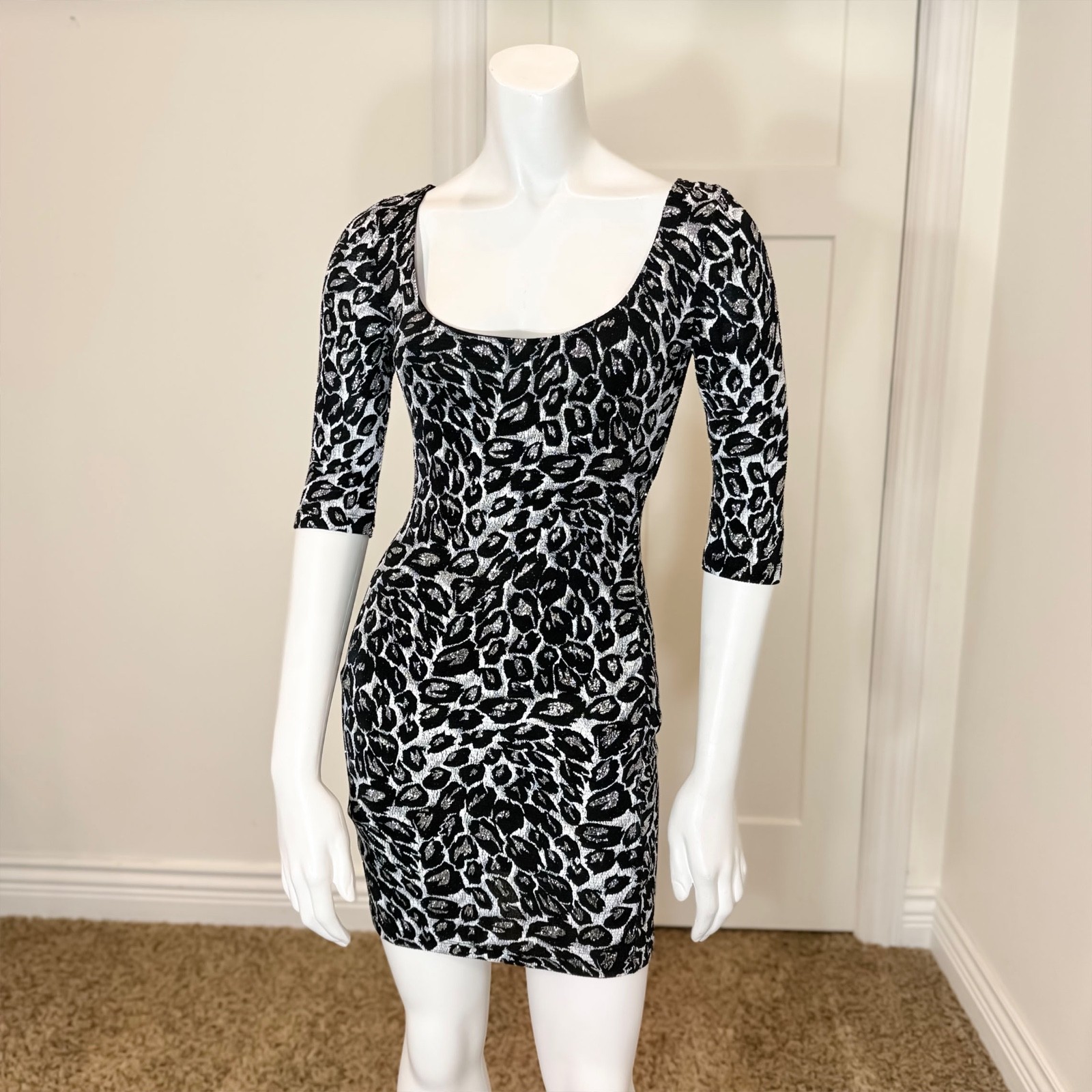 Vintage 90’s GLITTER ANIMAL PRINT BODYCON DRESS S y2k Party Mini Sexy Clubwear