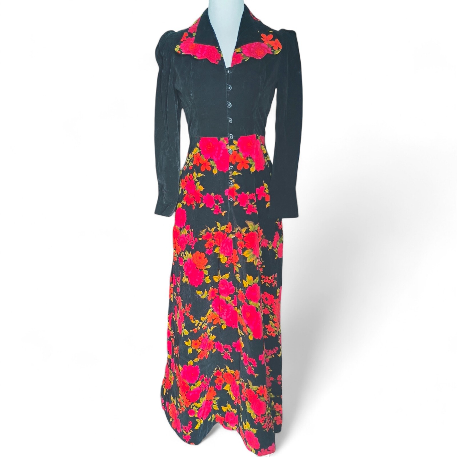Vintage Black Velvet Vibrant Floral Dress Romantic Victorian Gothic 1950s