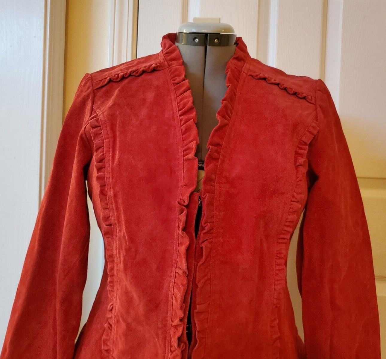 Vintage Prosper & Devine Red 100% Leather Jacket Ruffles Hooks & Eye Large