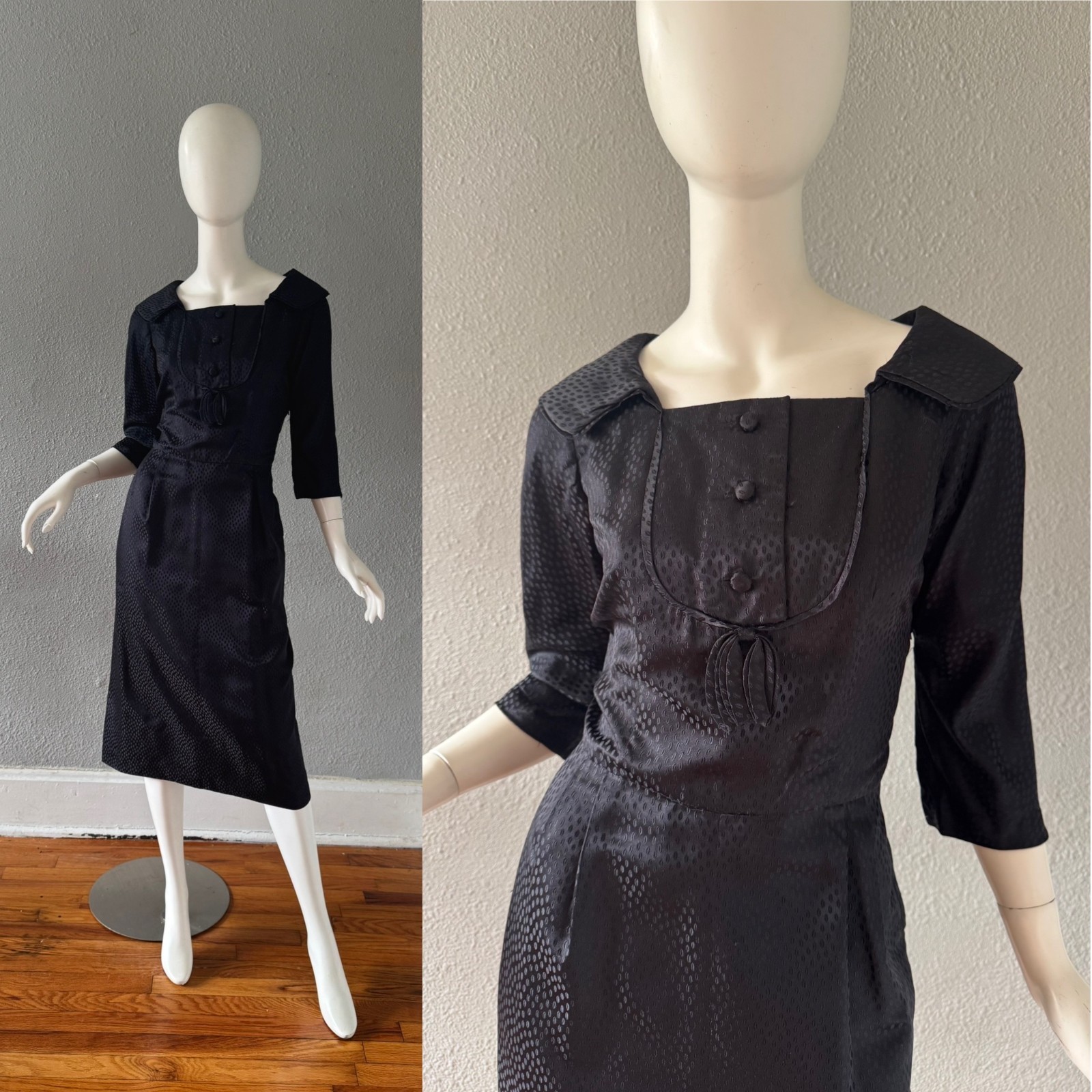 Vintage 50s Bombshell Black Brocade MADMEN Sheath Cocktail Dress XS